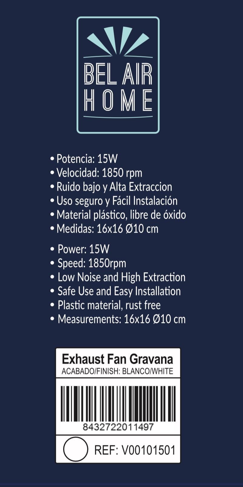 BEL AIR HOME Extractor baño silencioso Gravana blanco 15W, 120m³/h, policarbonato, empotrable, compatible con boca 100mm, 40dBA, 15,9x15,9x10cm, ventilación hogar oficina