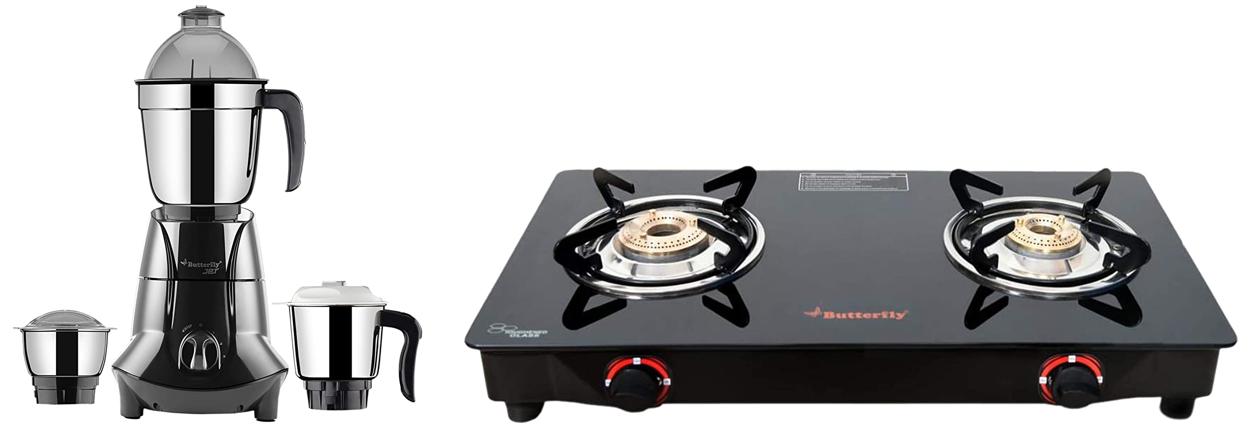 Butterfly Smart Glass Top 2 Burner Open Gas Stove (Black) & Jet Elite 750-Watt Mixer Grinder with 3 Jars (Grey)-image-14