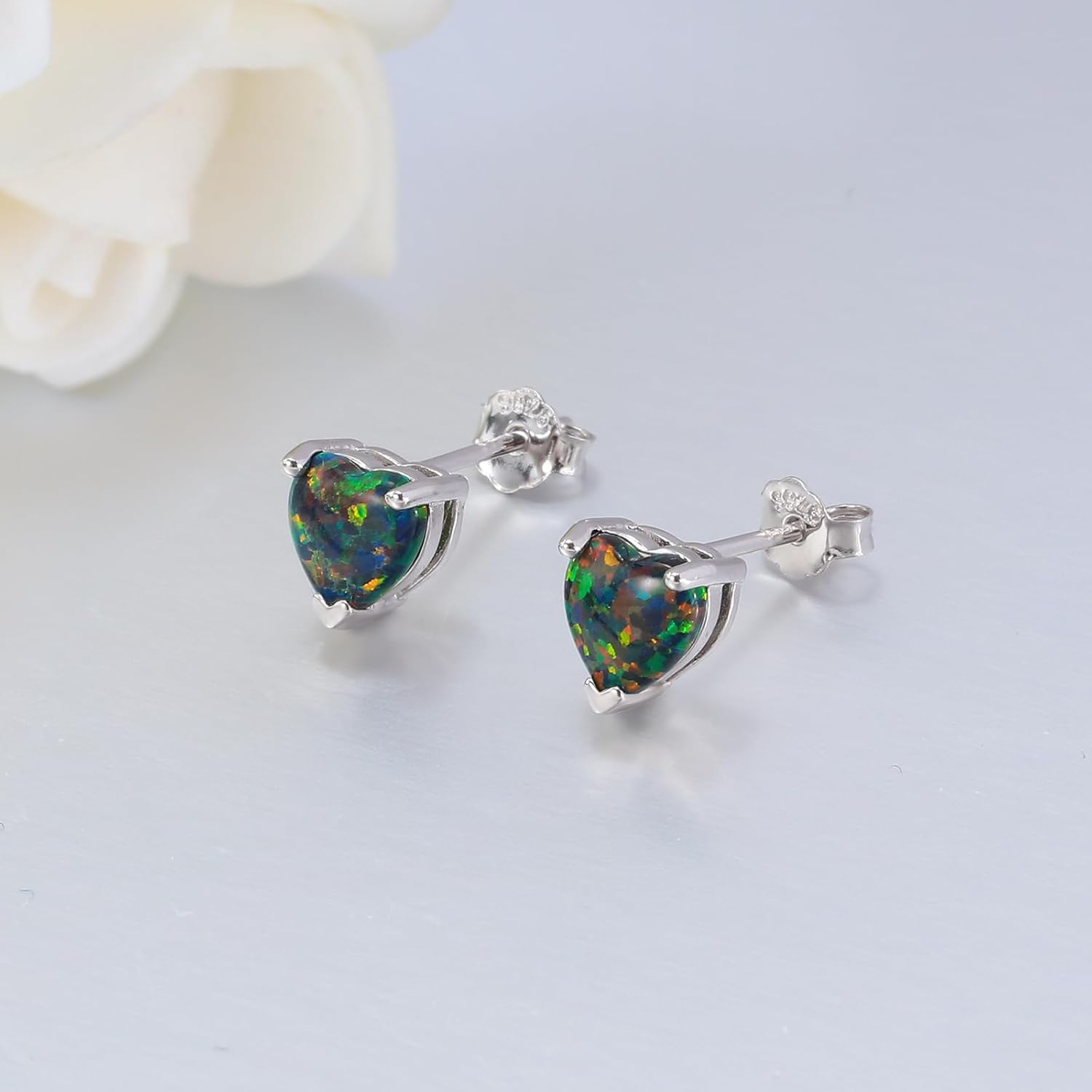 CiNily 925 Sterling Silver Stud Earrings for Women Teen, Heart Opal Stud Earrings, Dainty Cartilage Small Studs for Men, Heart Birthstone Earrings Lightweight Opal Jewelry for Mothers Day Birthday