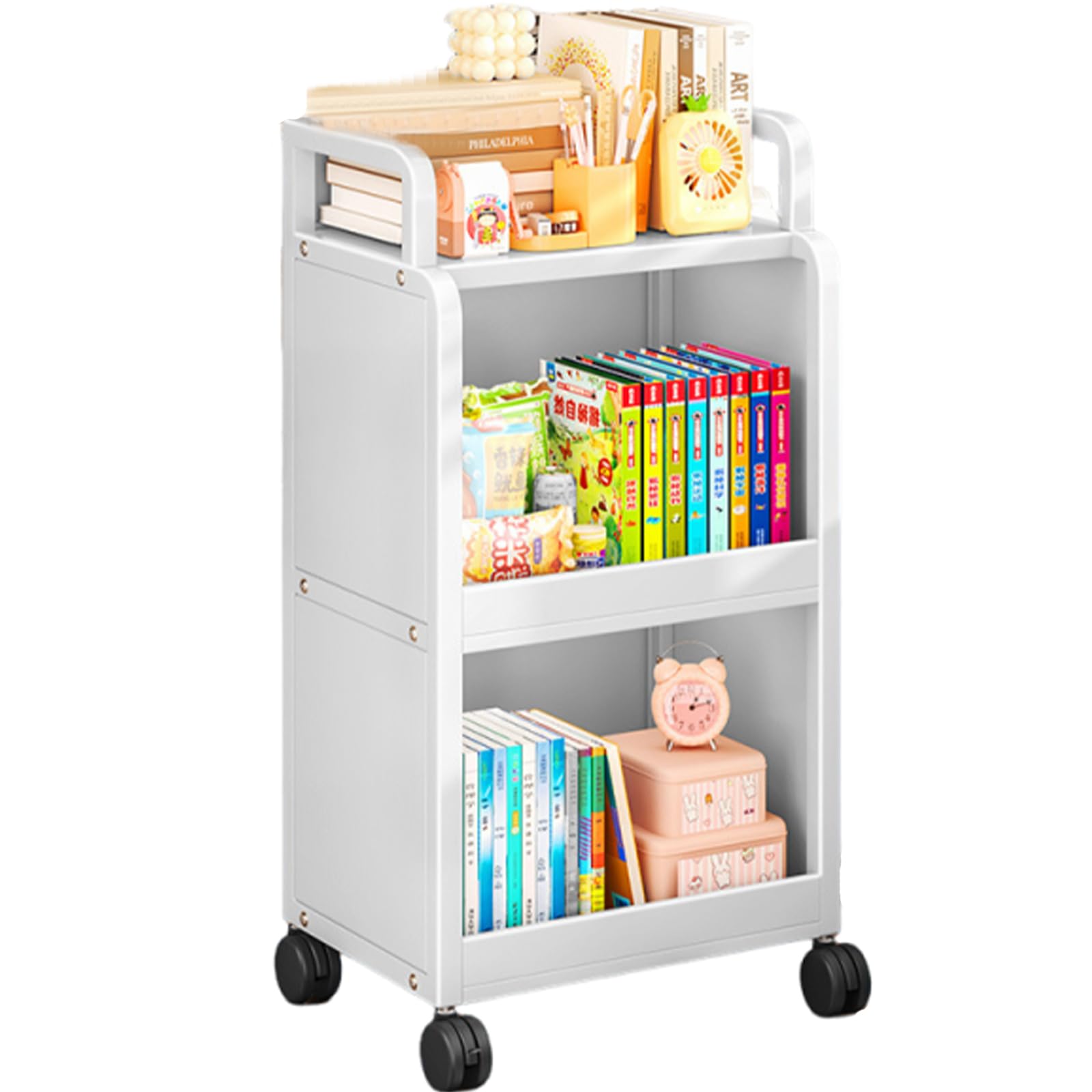 3-Tier Movable Metal Bookshelf Trolley Modern Minimalist Book Cart with Wheels Perfect for Office Study Classroom Kids' Room nization - White Finish