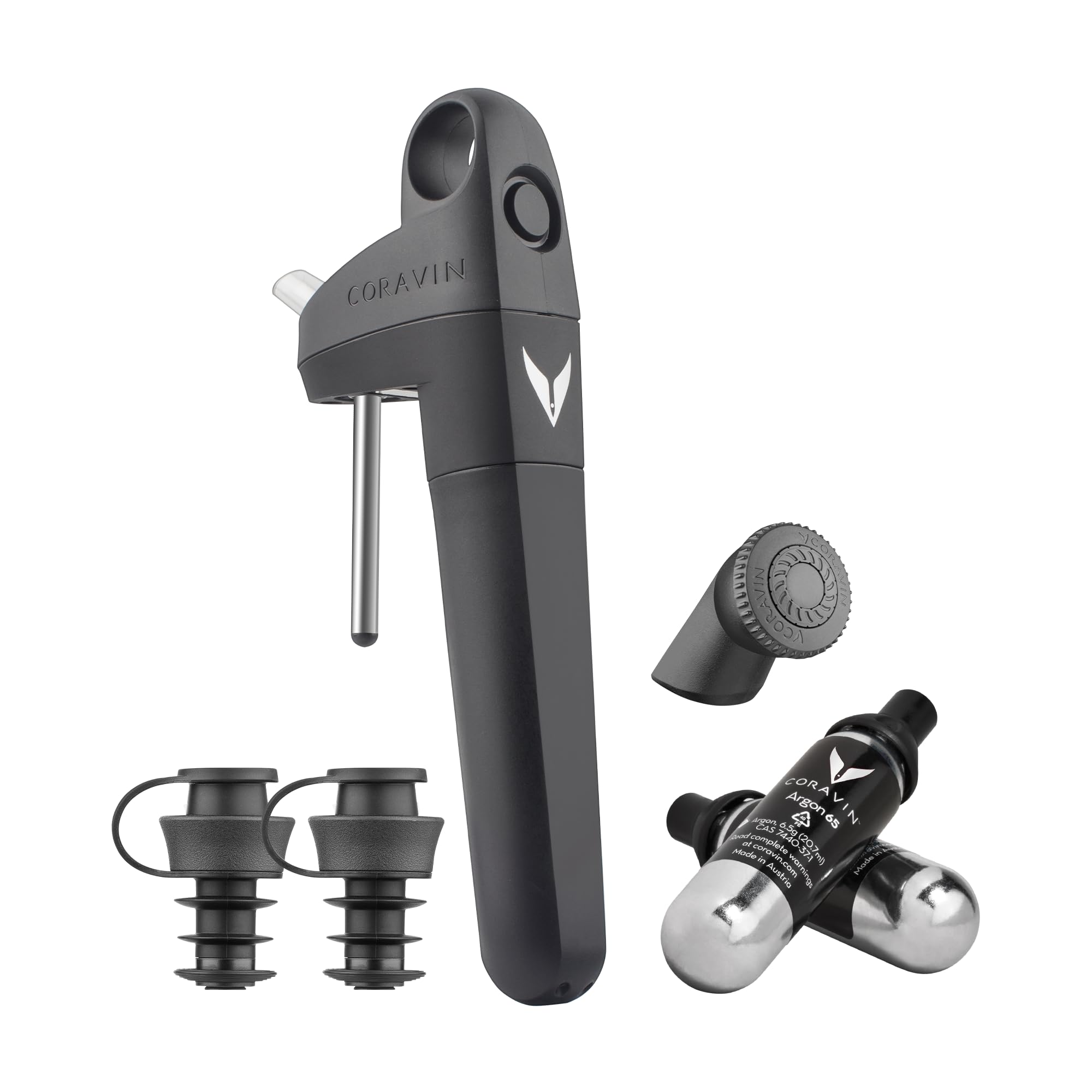 Coravin Pivot + Système de Préservation du Vin | Conserve Le Vin Frais Jusqu’à 4 Semaines | Inclus 2 Bouchons Pivot, 2 Capsules Pure et 1 Aérateur Pivot, Noir