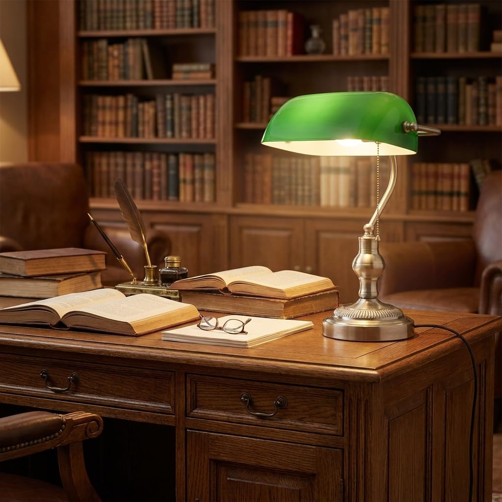 BARCELONA LED - Lampada da tavolo vintage "BANQUERO" con paralume in vetro verde - Base in nichel - Lampada da scrivania classica per ufficio e studio - Attacco E27