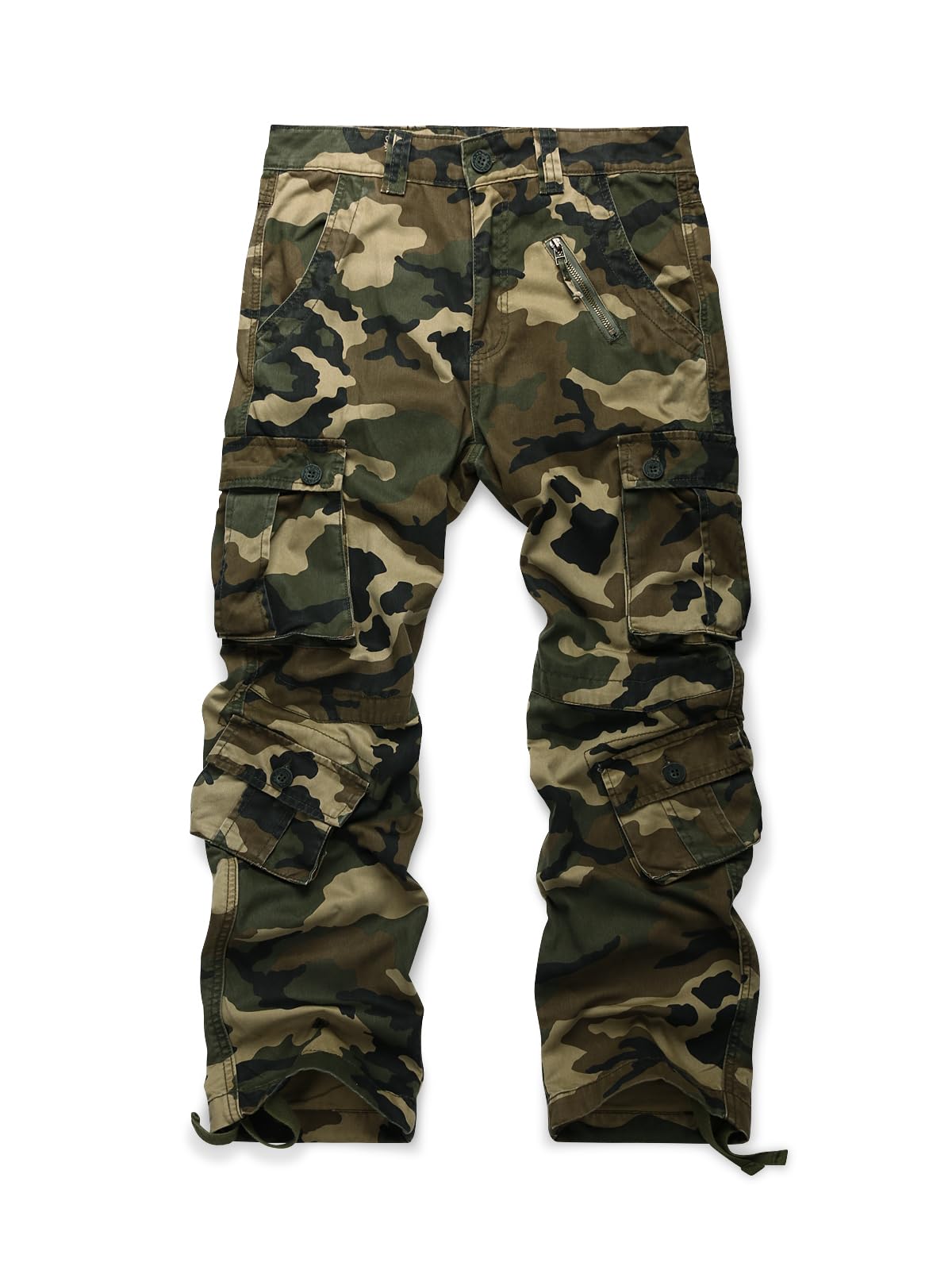 OCHENTA Men's Cotton Casual Cargo Work Pants Baggy Camo Tactical Combat Trousers with 8 Pockets (No Belt)