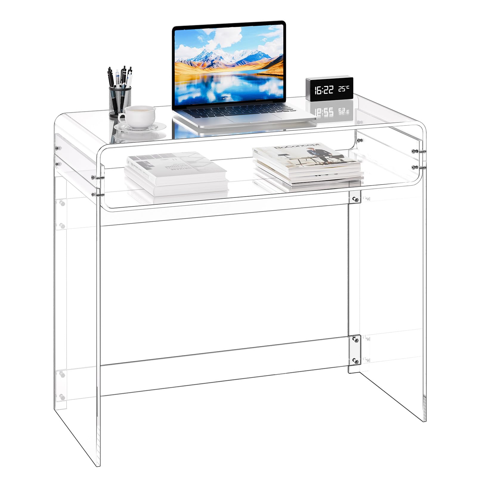 VEVOR Acrylic Desk, Clear Laptop Study Desk with Storage Shelf, Modern Transparent Console Table for Home Office, Living Room, Bedroom, Entryway, 33.5