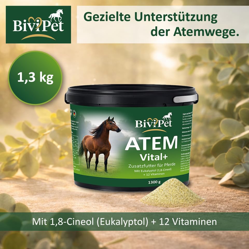 Atem Vital+ für Pferde – bei Husten & Belastung – 1,3 kg – mit natürlichem Eukalyptol & 12 Vitaminen – Atemwege & Bronchien Unterstützung – inkl. Dosierlöffel & Eimer mit Henkel
