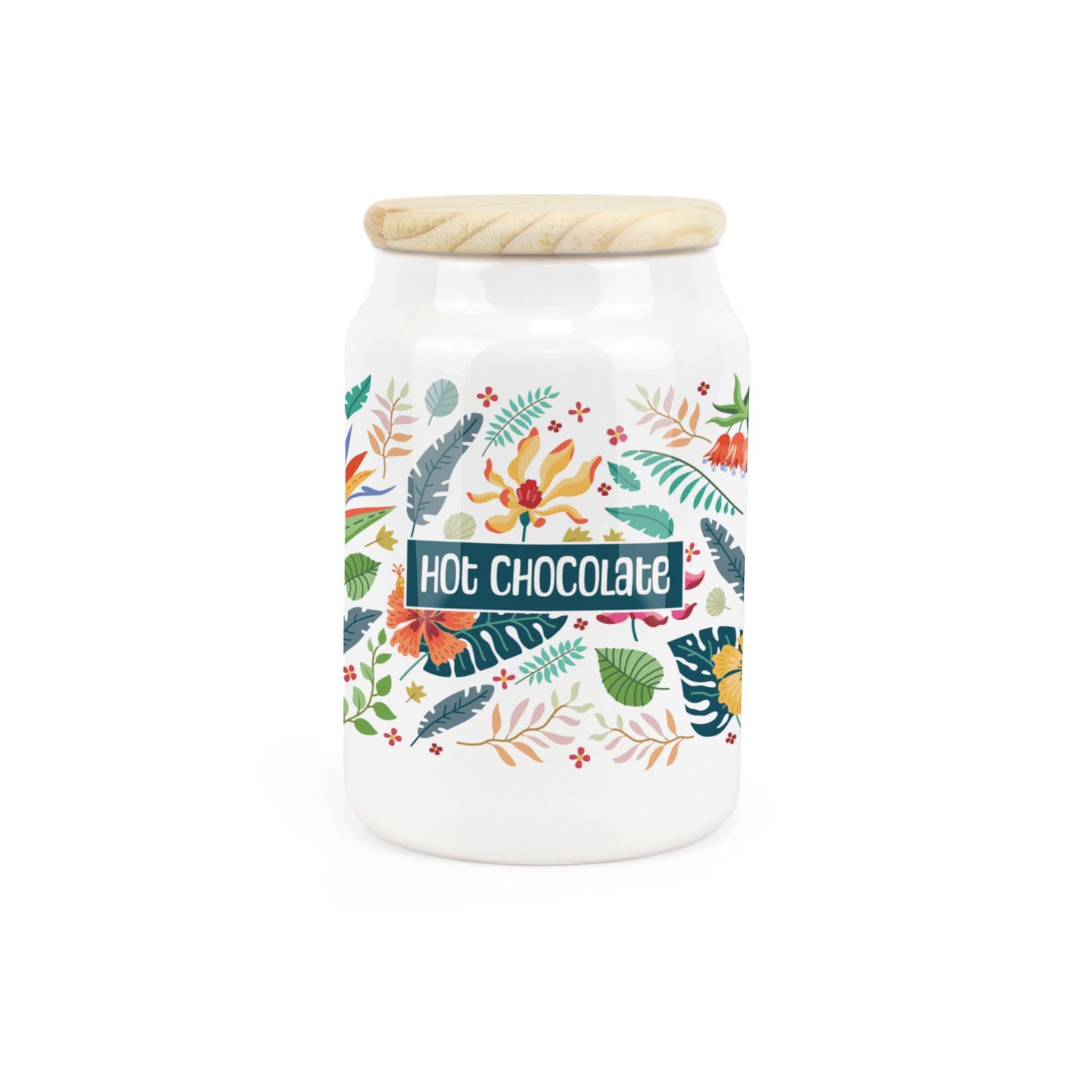 Purely Home Hot Chocolate Tropical Flowers Ceramic Storage Canister - Exotic Floral & Foliage Décor Gift - Kitchen Food Storage Jar/Container & Wooden Lid 600Ml (14.5Cm X 9.5Cm)