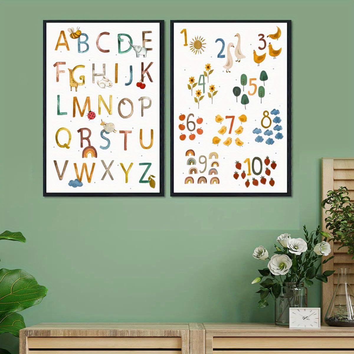 GLWDME Toile murale éducative avec alphabet, chiffres et lettres, images, affiches et impressions pour chambre à coucher, peinture murale（Encadrée）