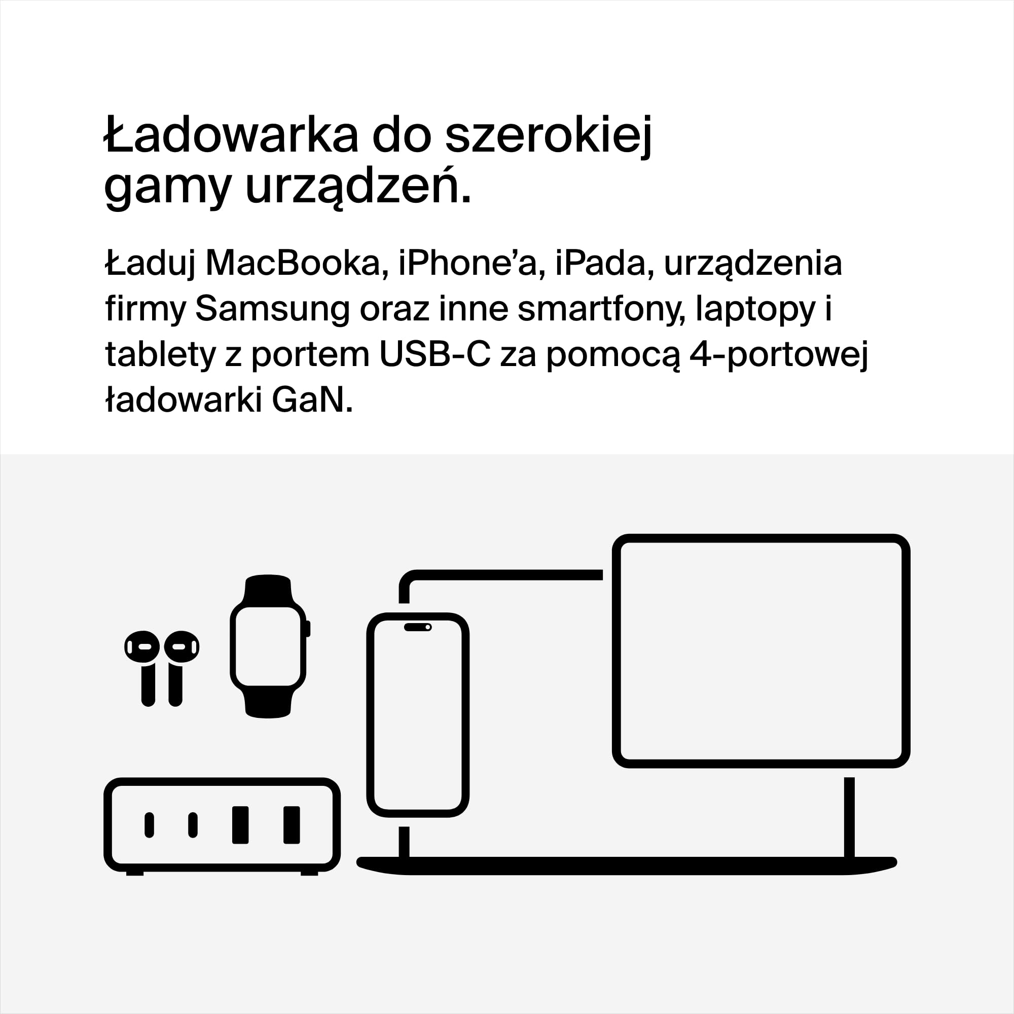 Uniwersalna stacja ładująca Belkin GaN USB 108 W, koncentrator z funkcją szybkiego ładowania z 2 × USB C oraz 2 × USB A do MacBooka Pro, Air, iPhone’a 15, iPada Pro, Air, Galaxy, Pixel i innych