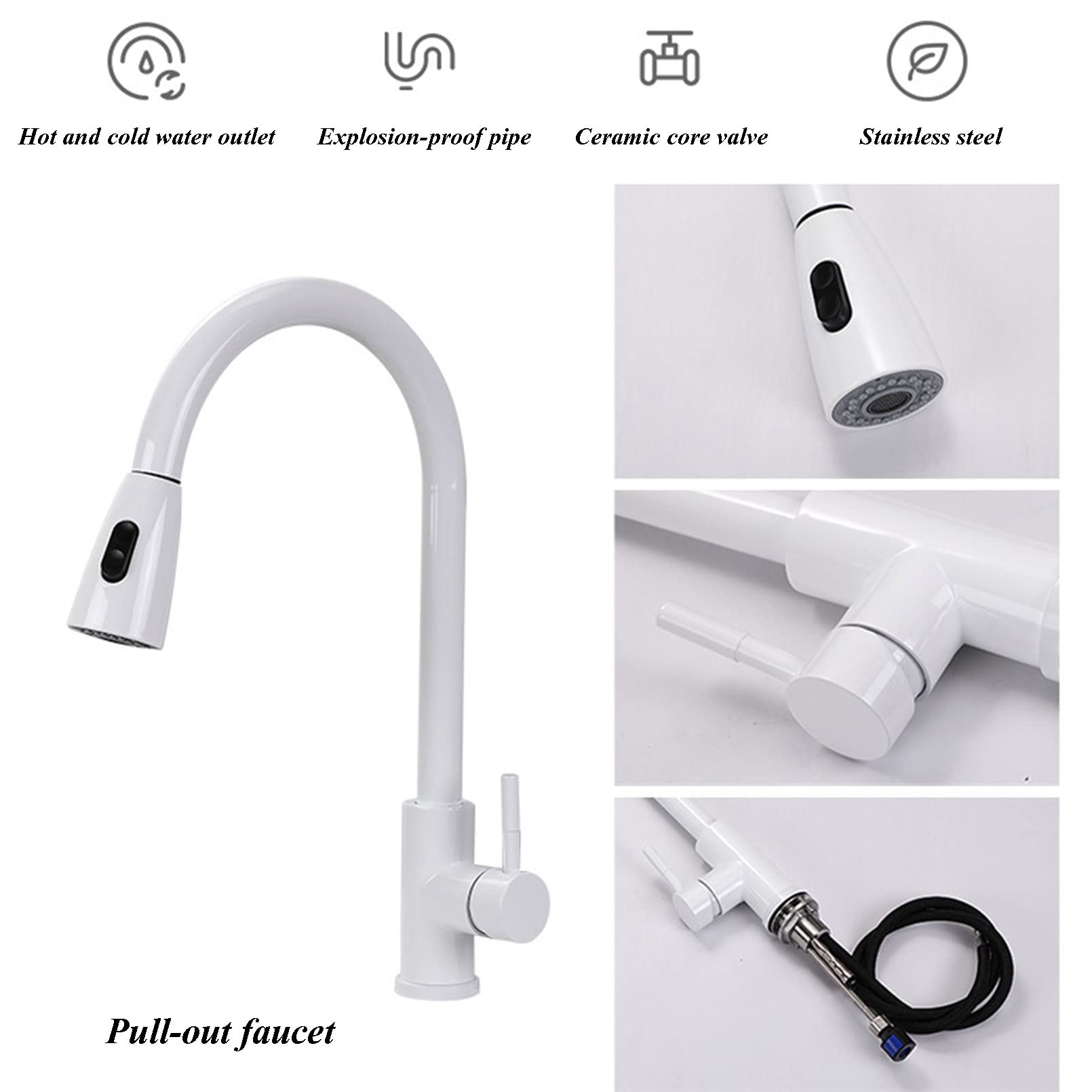 Zlew kuchenny Topmount White Quartz Stone z 2 otworami i jedną komorą, zlew granitowy do wpuszczania w blat, z baterią i akcesoriami, zestaw 8 elementów