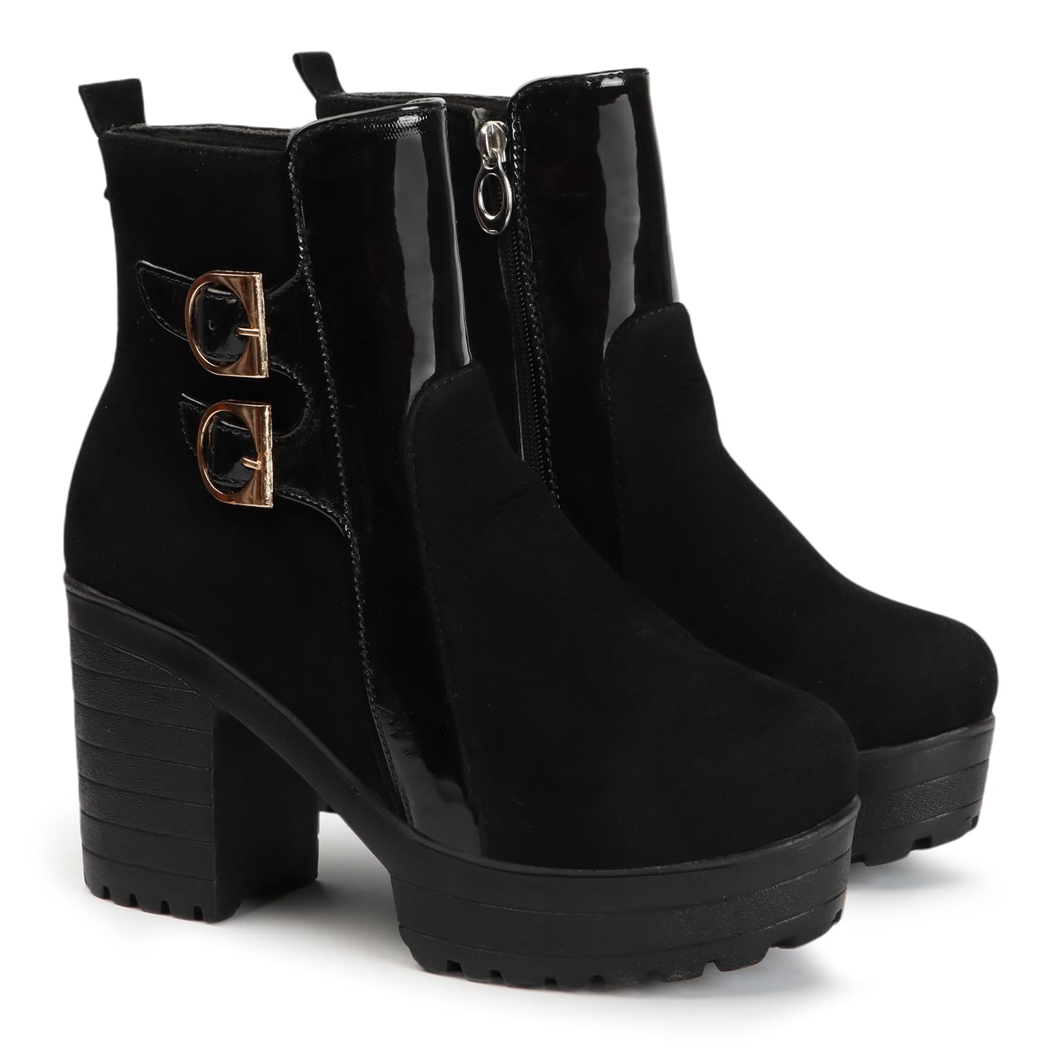 Women's Black Chunky Heel Ankle Boots with Stylish Buckle Strap and Platform Sole, Boot for Women-image-21