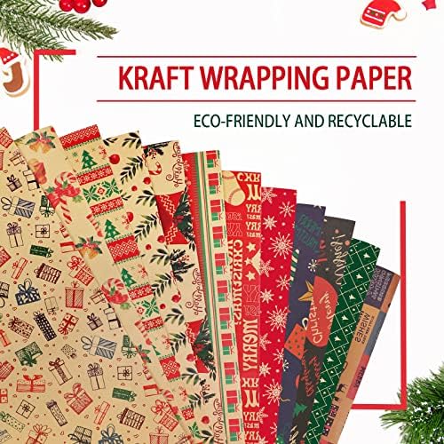 Christmas Wrapping Paper with Gift Tags, Brown Xmas Wrapping Paper Sheets for Presents, Recyclable Kraft Wrap Papers Recycled Luxury Santa Papers Eco Stickers Labels Red Green Ribbons for Kids 12pcs