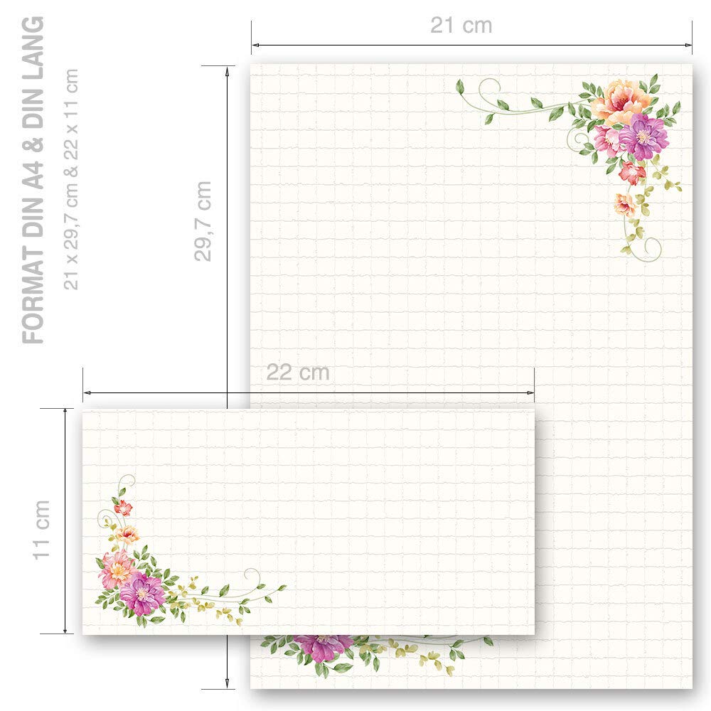 Produktbild von Paper-Media Briefpapier Set SPÄTSOMMER – 20-teilig, DL & A4, Blumenmotiv In Orange, Elegante Papierqualität