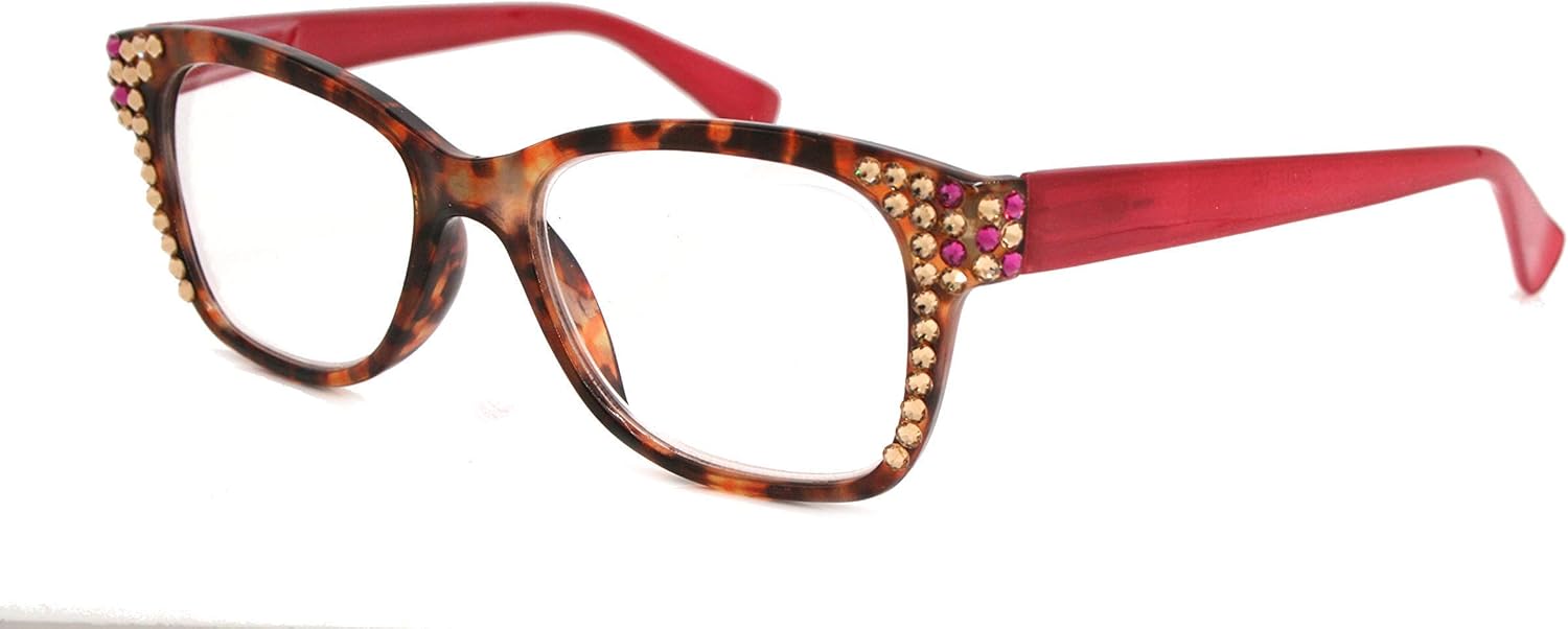 Madison Square, Bling Women Reading Glasses with Genuine European Crystals +1.50, +2.00, +2.50, +3.00 Tortoise shell and Pink. Optical Frame. NY Fifth Avenue. (Wide Frame)