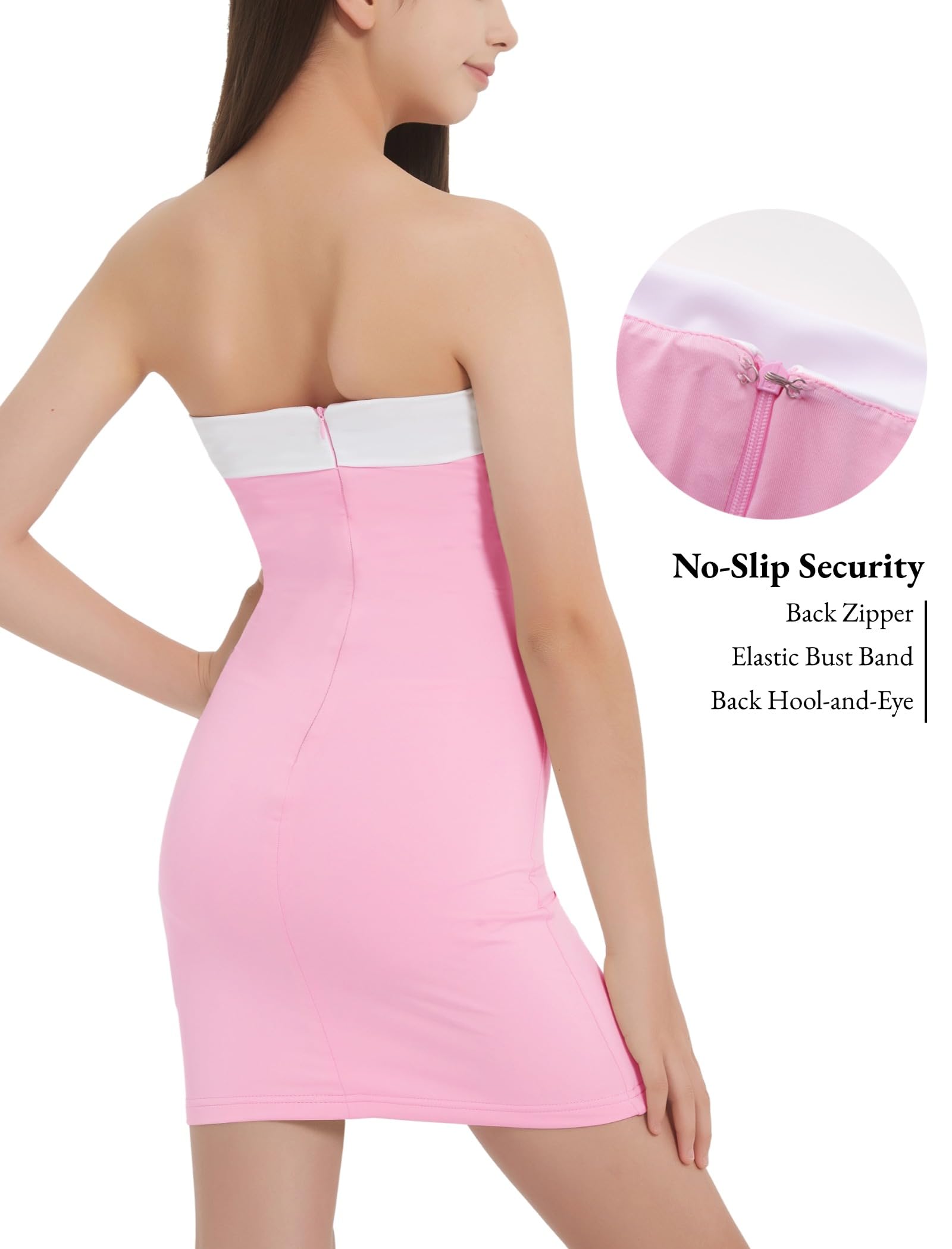 EXARUS Trägerloses Kleid für Mädchen, gepolstert, Teenager, tailliert, Heimkehr, Tanz, formell, Pink/weißer Rand, 164