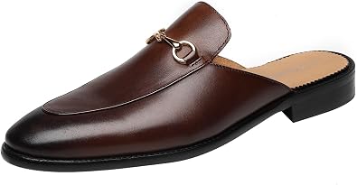 ELANROMAN Mens Loafers Backless Genuine Leather Mules Horse Buckle Shoes