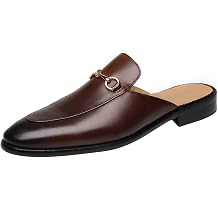 ELANROMAN Mens Loafers Backless Genuine Leather Mules Horse Buckle Shoes