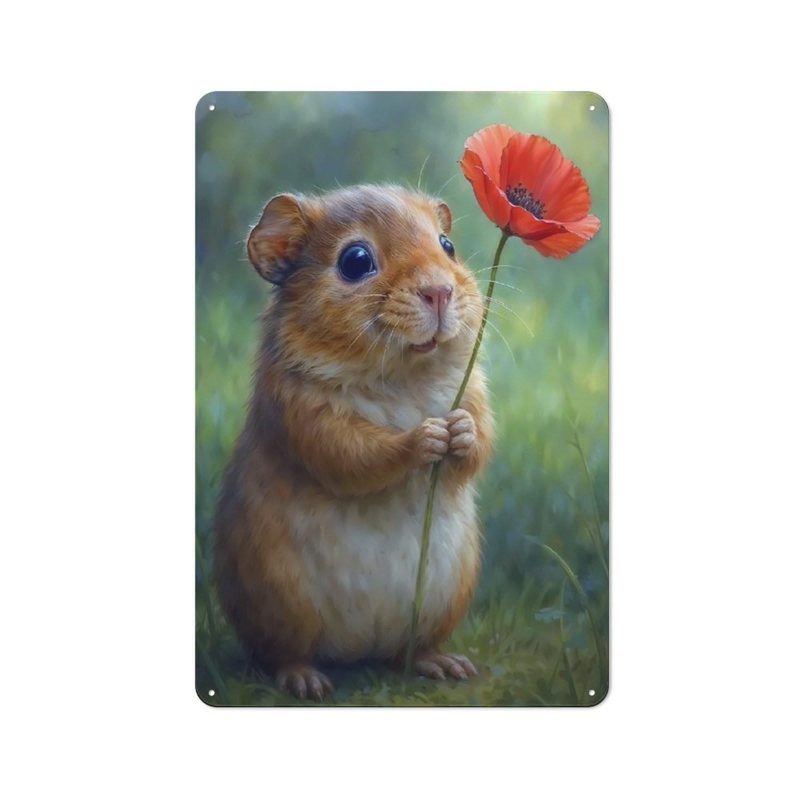 Junmoney Style-19 Vintage Little Hamster Holding Red Poppy Flower Tin Sign 30X20cm, Shed Wall Plaque For Garage, Workshop, Shed Or Utility Room
