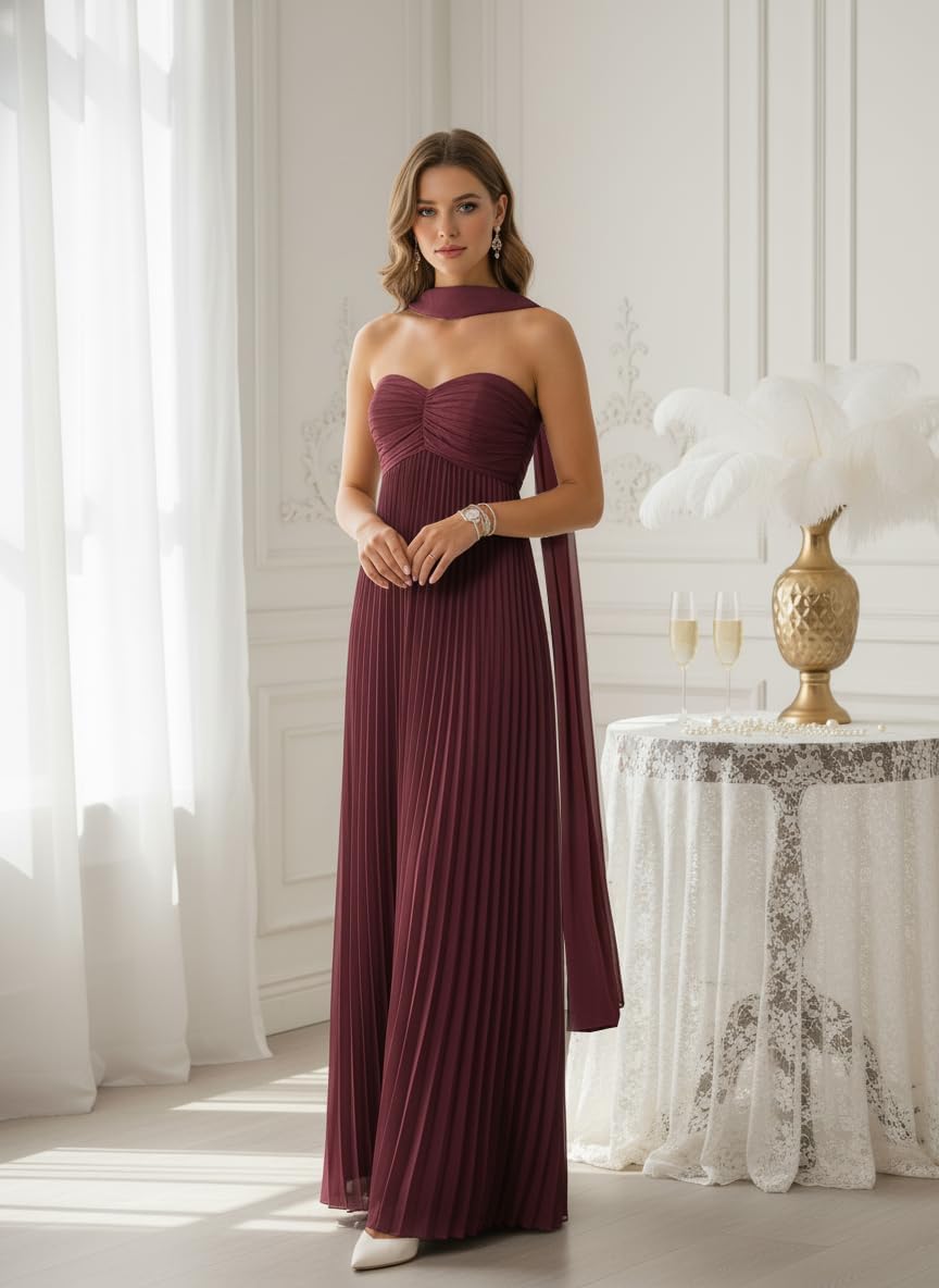 Chiffon Bridesmaid Dress with Scarf Strapless for Women Formal Evening Dresses - Image 2