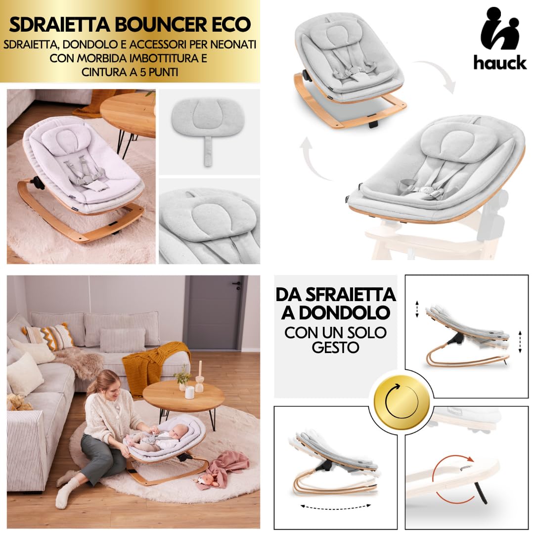 hauck Seggiolone Pappa Arketa Newborn Set Eco Bouncer – Seggiolone Evolutivo Legno Regolabile per Crescere insieme fin dalla Nascita, incluso Sdraietta Neonati e Cuscino (Quercia)