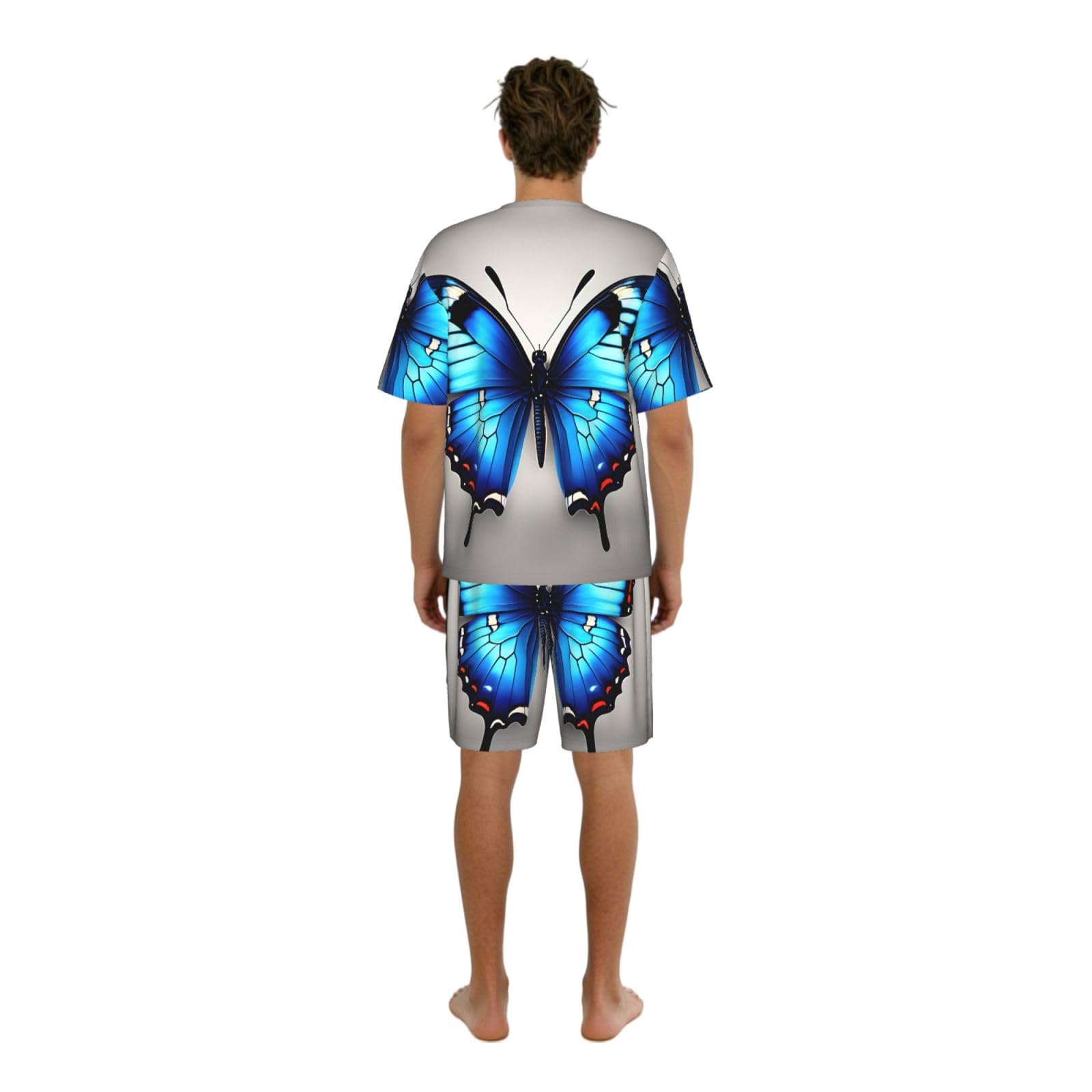 Conjunto de pijama clásico con estampado de mariposa azul para hombre, pantalones cortos de pijama suaves para hombre, perfecto para las noches de verano