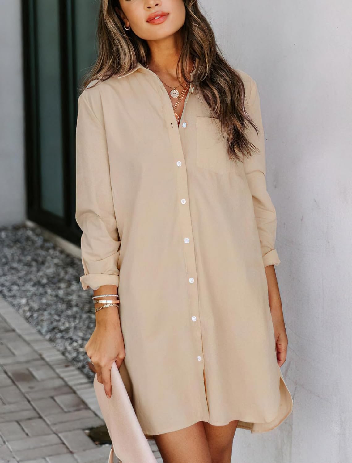 chouyatou Women's Casual Loose Fit Long Sleeve Solid Striped Button Down Shirts Dresses - Image 2