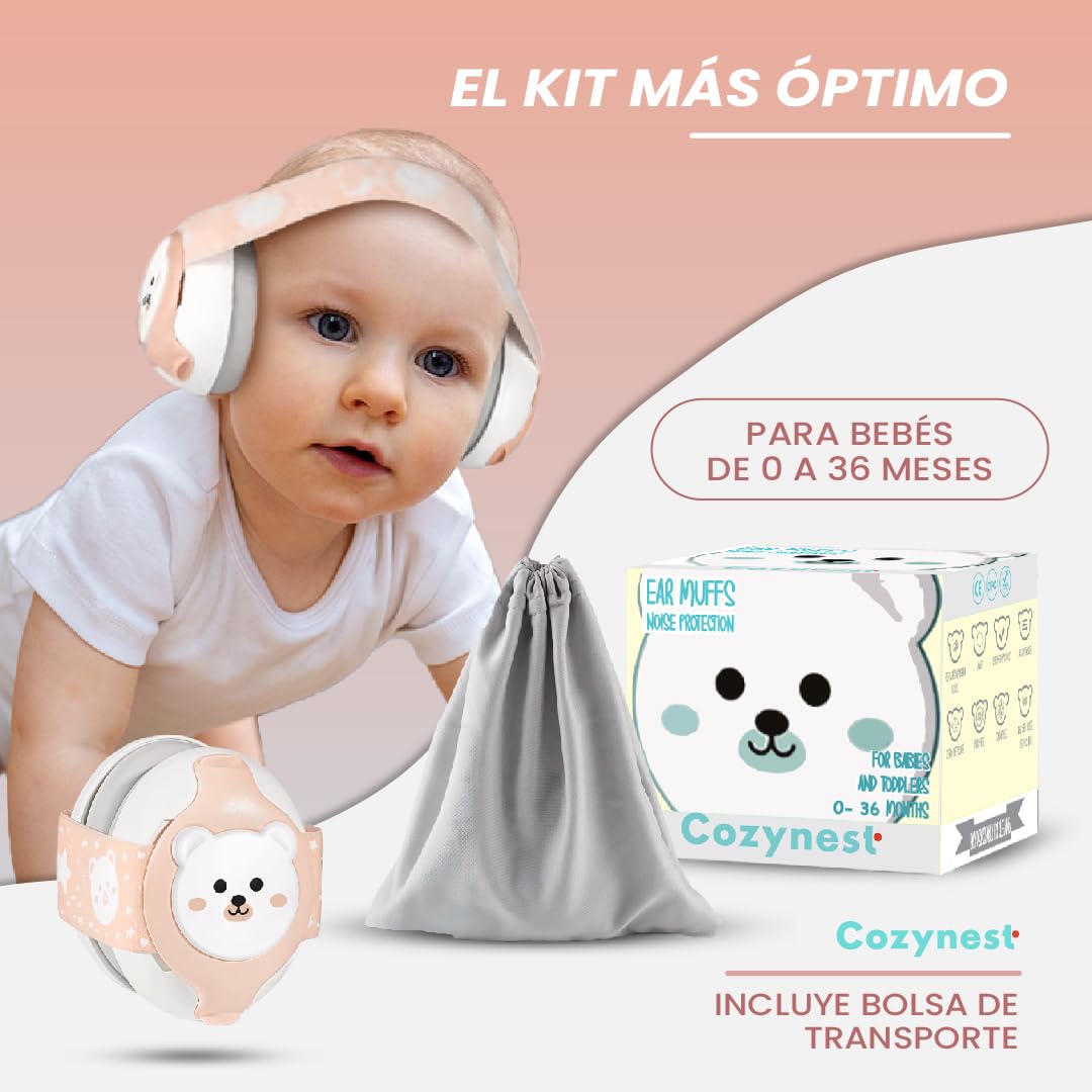 Cozynest Cascos Antiruido para Bebés 0-36 Meses con Reducción de Ruido de 25dB, Diseño de Oso y Diadema Ajustable - Orejeras Antiruido con Bolsa de Transporte (25dB + Cinta Extra, ROSA)