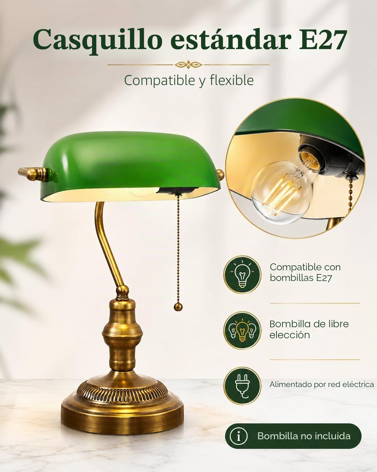 LANMOU Lámpara Banquero Verde, Cristal, E27 | Lámpara de Escritorio Vintage, Interruptor de Cadena, Efecto Latón, Banker's Lamp Para Mesa, Estudio, Rincón de Lectura