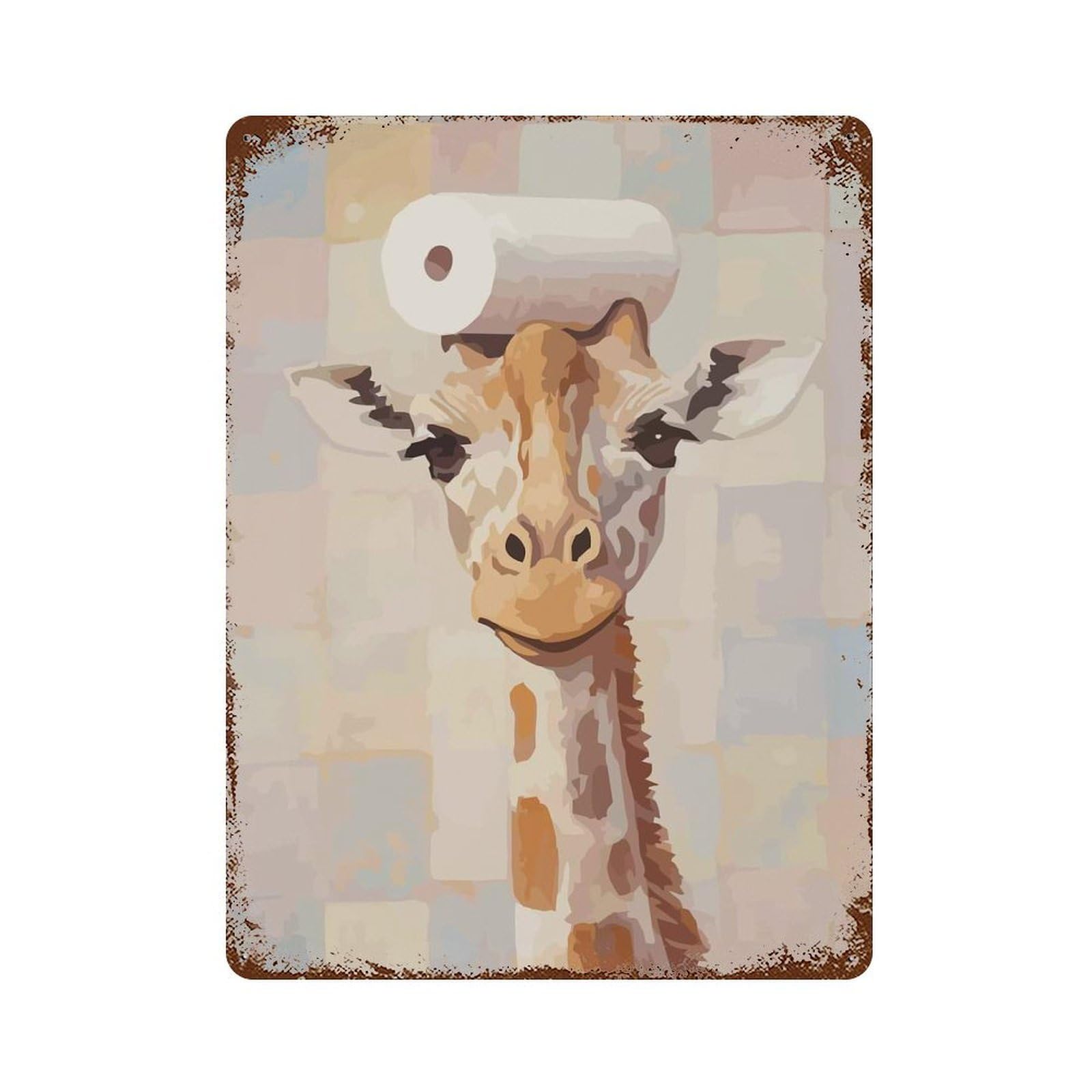Weathered Tin Sign with Giraffe with Toilet Paper on Head Design 15.7"x11.8", for Basement, Hobby Room And Garage Decor, Industrial Home Decor