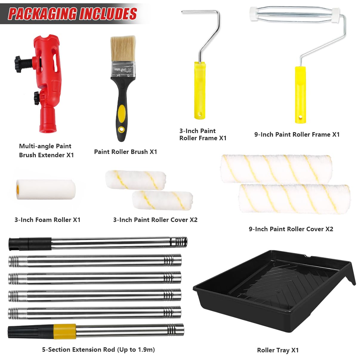 KIT COMPLET DE PEINTURE 11 PIÈCES, ROULEAUX DE PEINTURE AVEC PERCHE D'EXTENSION 1,9 M, PINCEAU MULTI-ANGLES, BAC À PEINTURE POUR MURS, BORDS ET PLAFONDS