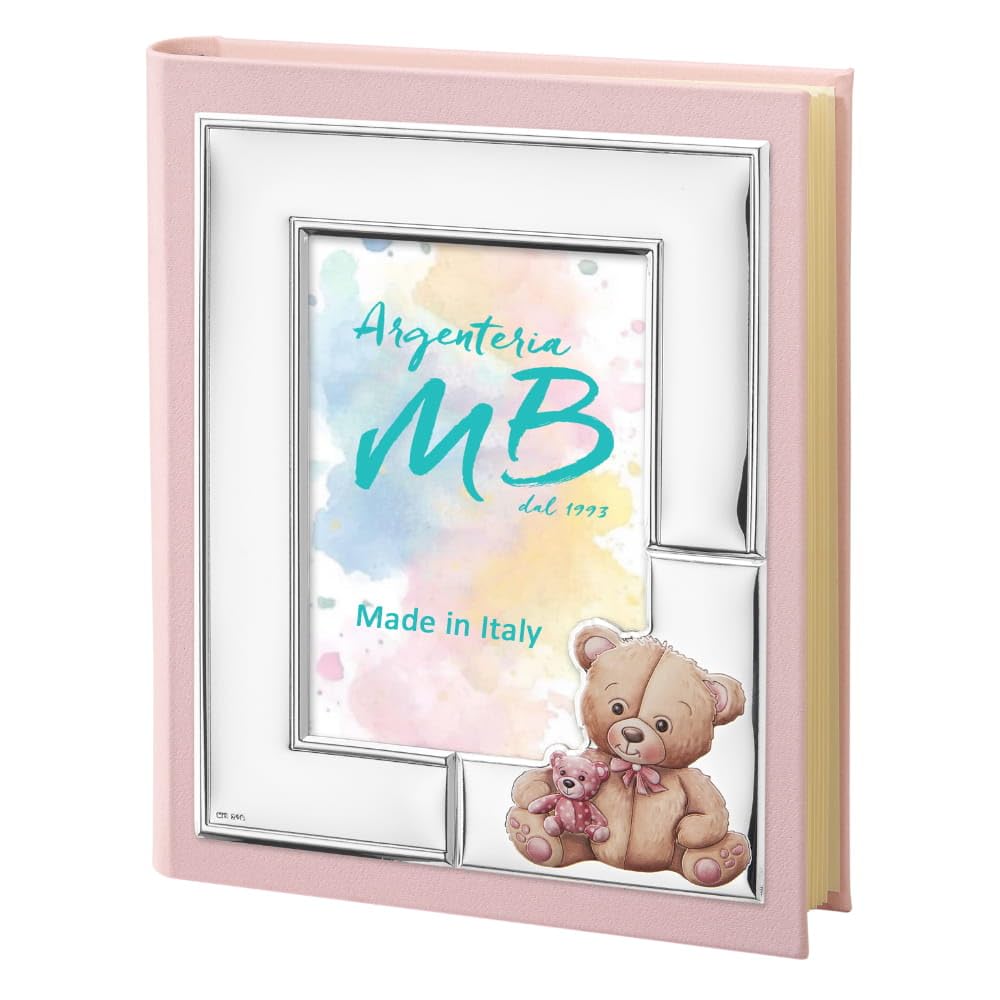 Album Foto Nascita Bambina con Orsetto Peluche Rosa, Personalizzabile con Incisione Nome, Album Ricordi Neonata e Battesimo