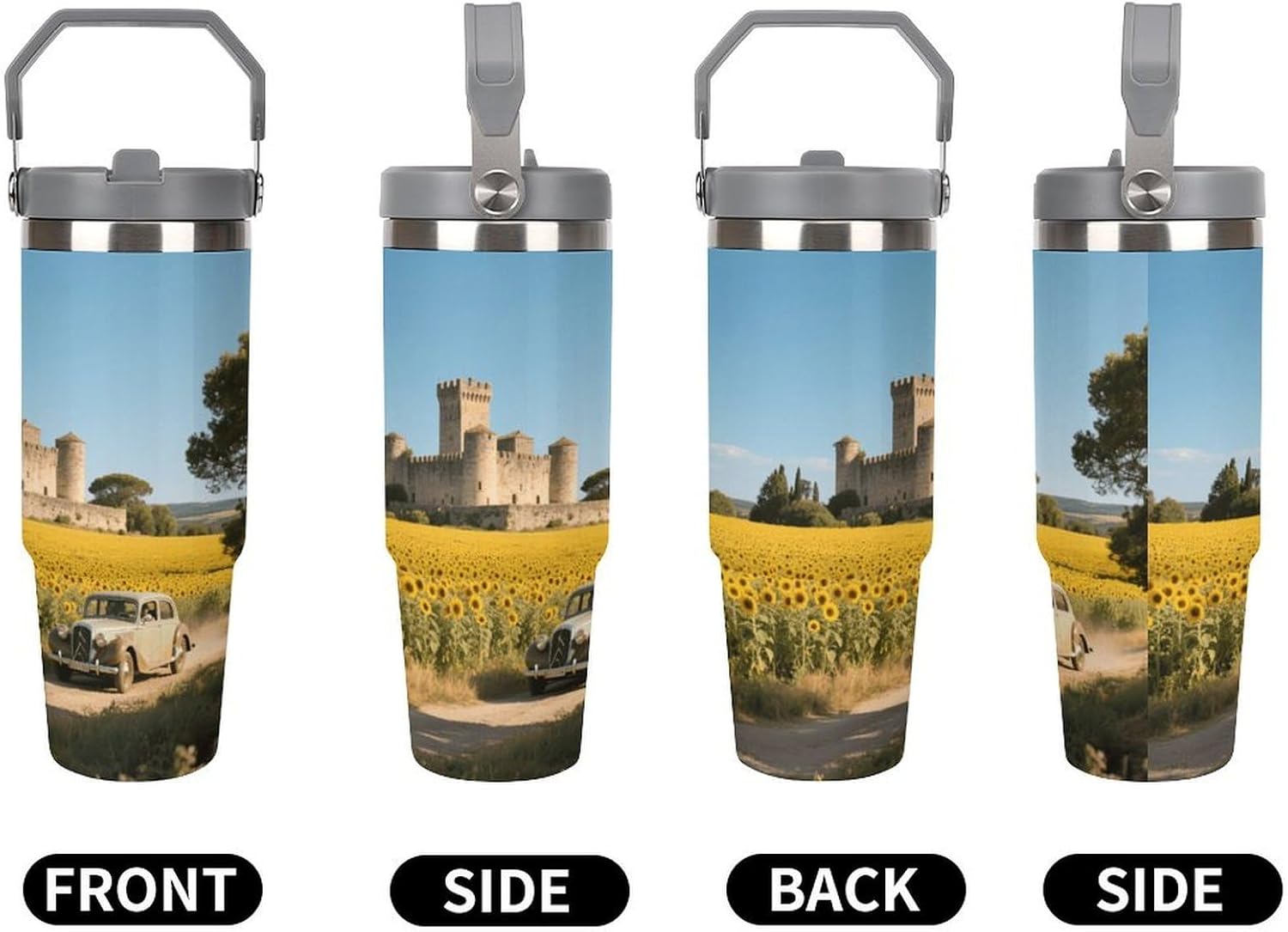 30 Oz Insulated Mug with Handle Lid And Straw Provence Sunflower Fields Pattern Large Metal Sports Bottle Great for Gifts Parties Office Coffee