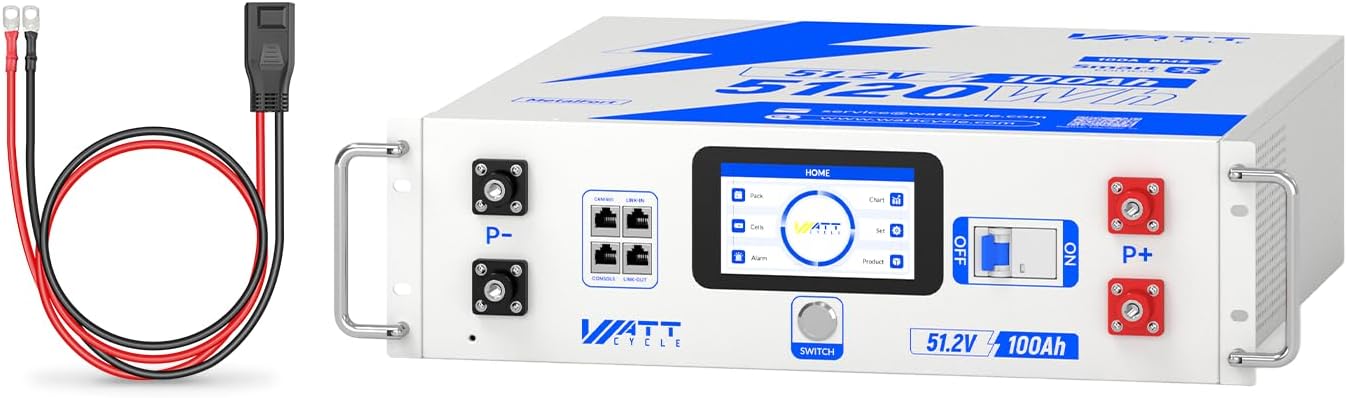 WattCycle 48V 100Ah LiFePO4 Lithium Battery, 5120Wh 3U Server Rack Battery with 50A PPS Expansion Adapter Cable 8AWG, 3A Active Balancing & BYD Cells, 6000+ Deep Cycles for Home Energy Storage, Backup