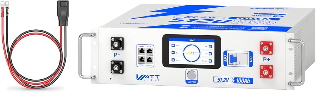 WattCycle 48V 100Ah LiFePO4 Rack Battery 5120Wh 50A PPS Adapter Cable | 3U Server Rack Battery with BYD Cells, 3A Active Balancing, 6000+ Cycles, Ideal for Home Energy Storage and Backup Power