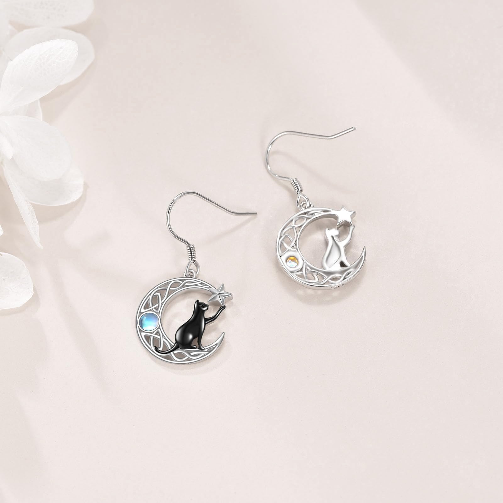 VONALA Orecchini a forma di luna in argento Sterling 925 nodo celtico luna gatto/fungo pendolare goccia pietra di luna orecchini gioielli animali regali di compleanno per donne donne mamma ragazze, 18