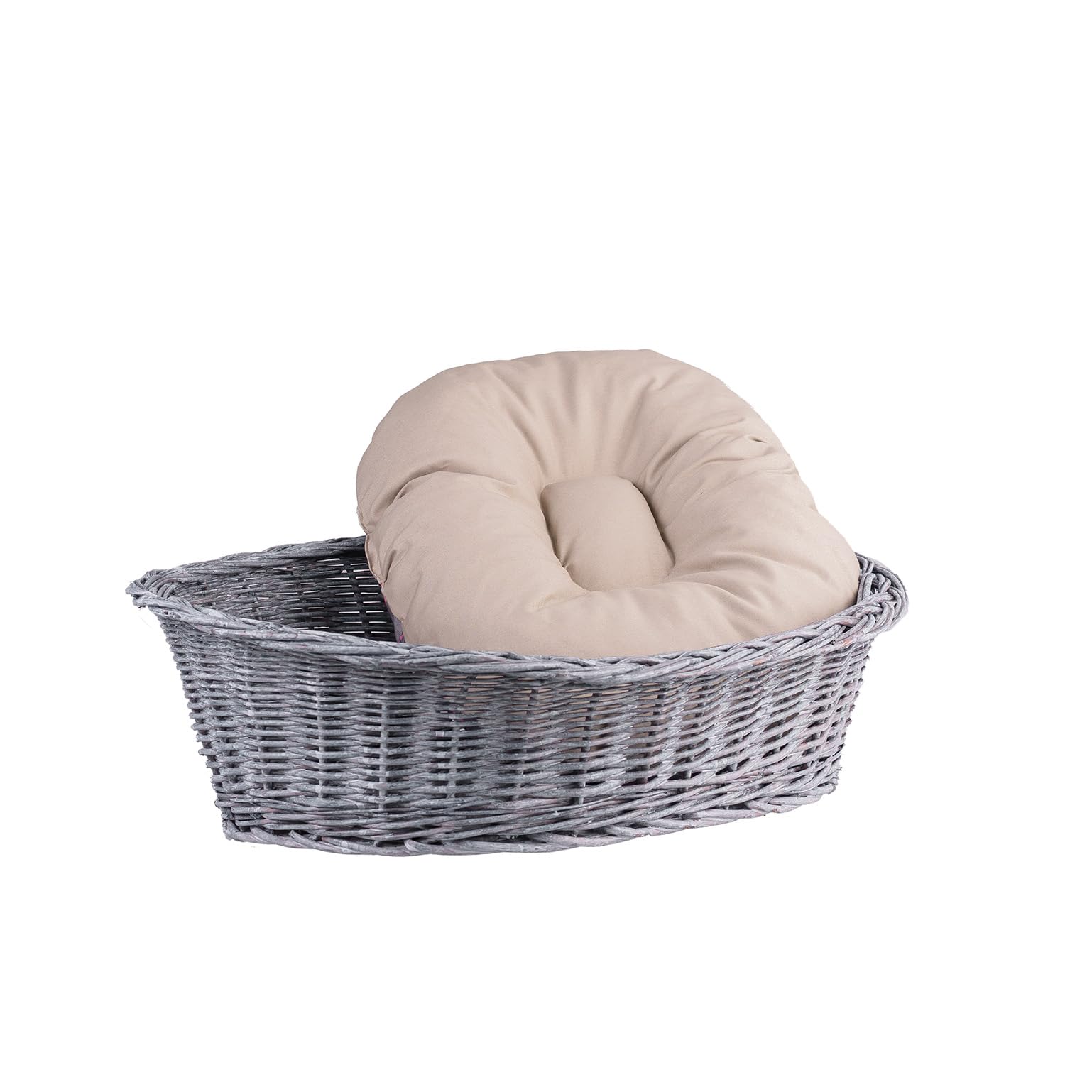 Cesta para perros de mimbre para perros y gatos, cama para perros y gatos, cama con cojín, cesta para animales trenzada, cesta para gatos (gris_gris, 95 x 72 cm, altura 27)