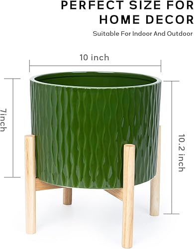 Miniatura 2 de LaDoVita Maceta de cerámica con soporte, maceta de 10 pulgadas con estante de madera, macetas redondas modernas para interiores con soporte para