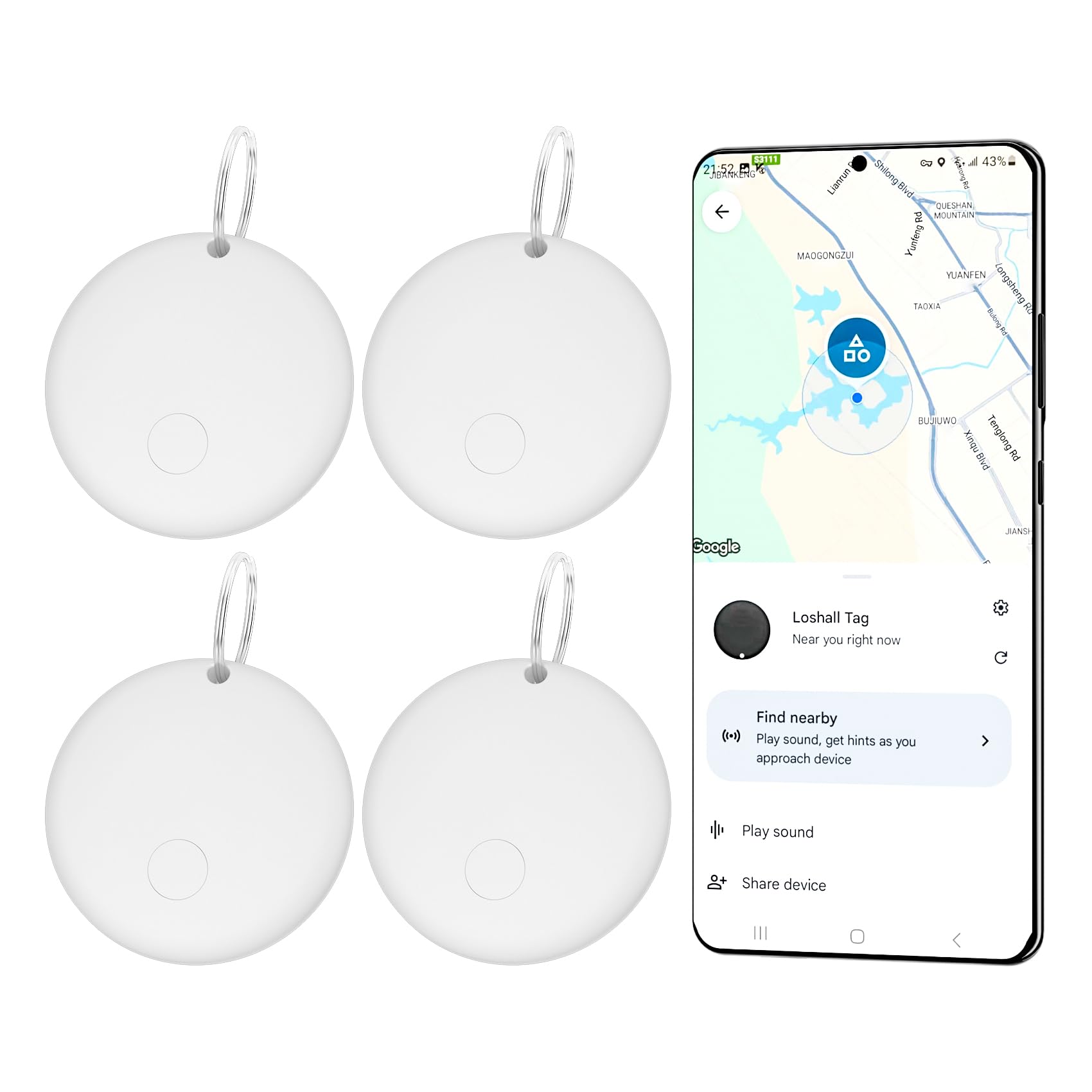 eirix Smart Air Tag Tracker for Android, Google Android Tag Tracker Work with Google Find My Device (Find Hub), Key Finder/Luggage Tracker/Item Locator, 4 Pack White