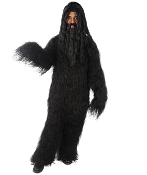 HPO Adult Unisex Big Hairy Human-like Mythical Creature Horror Wigwith Mustache and Beard Bundle, Black L/XL