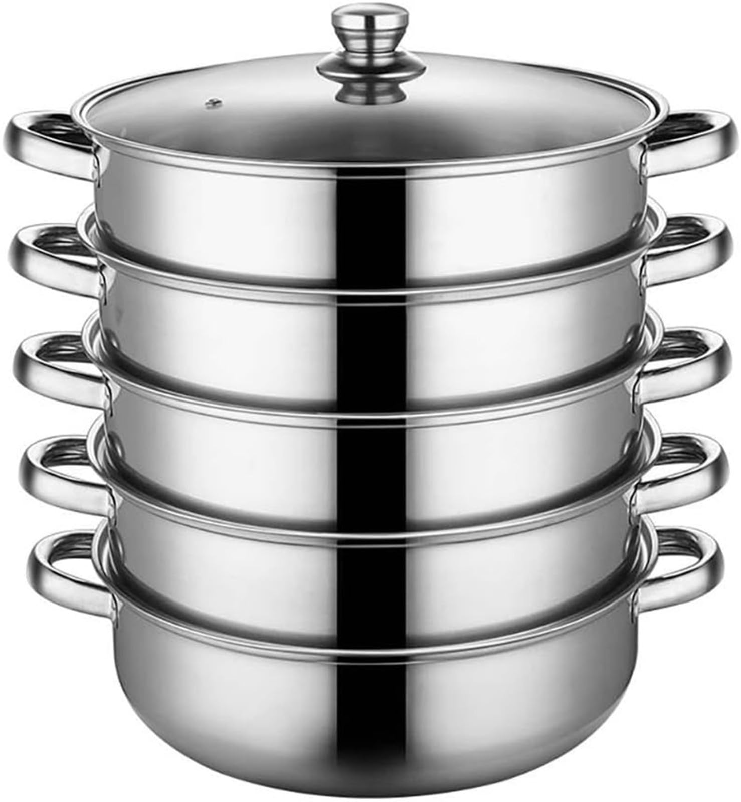 Parowar ze stali nierdzewnej, 5-poziomowy garnek do gotowania warzyw, pierogów i zup, wielofunkcyjny, z pokrywką i uchwytem, 30 cm
