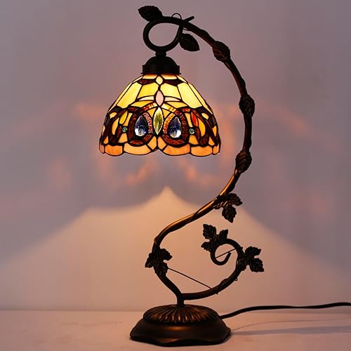 Miniatura 2 de WERFACTORY Tiffany - Lámpara de mesa victoriana de vitrales, base de hojas de metal, 8 x 10 x 21 pulgadas, decoración de luz de lectura de