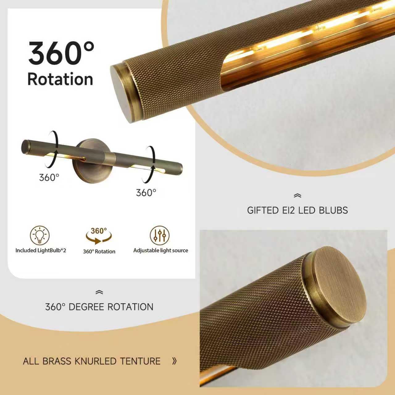 Aged Brass Picture Light for Wall -19 Inch 360° Rotatable Knurled Design Gallery Sconce, Art Lighting for Paintings & Portraits, Accent Light Over Picture Frame, Museum Library & Home Décor (Bronze)