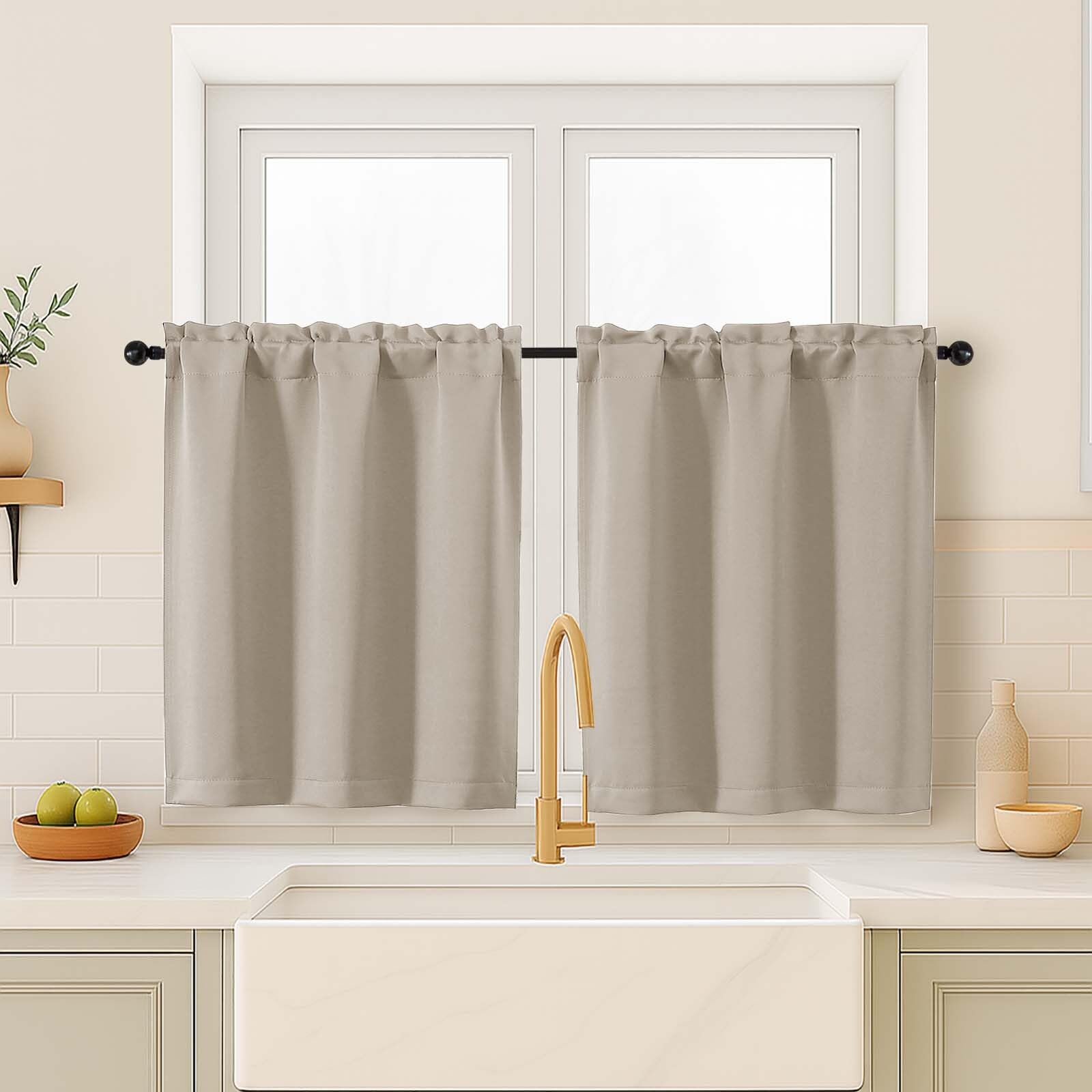 OVZME Blackout Curtains for Small Window Treatment, Light Blocking Short Kitchen Window Curtains Over Sink, Dual Rod Pocket Half Window Tiers for Bathroom Basement, 2x40Wx36L, Biscotti Beige
