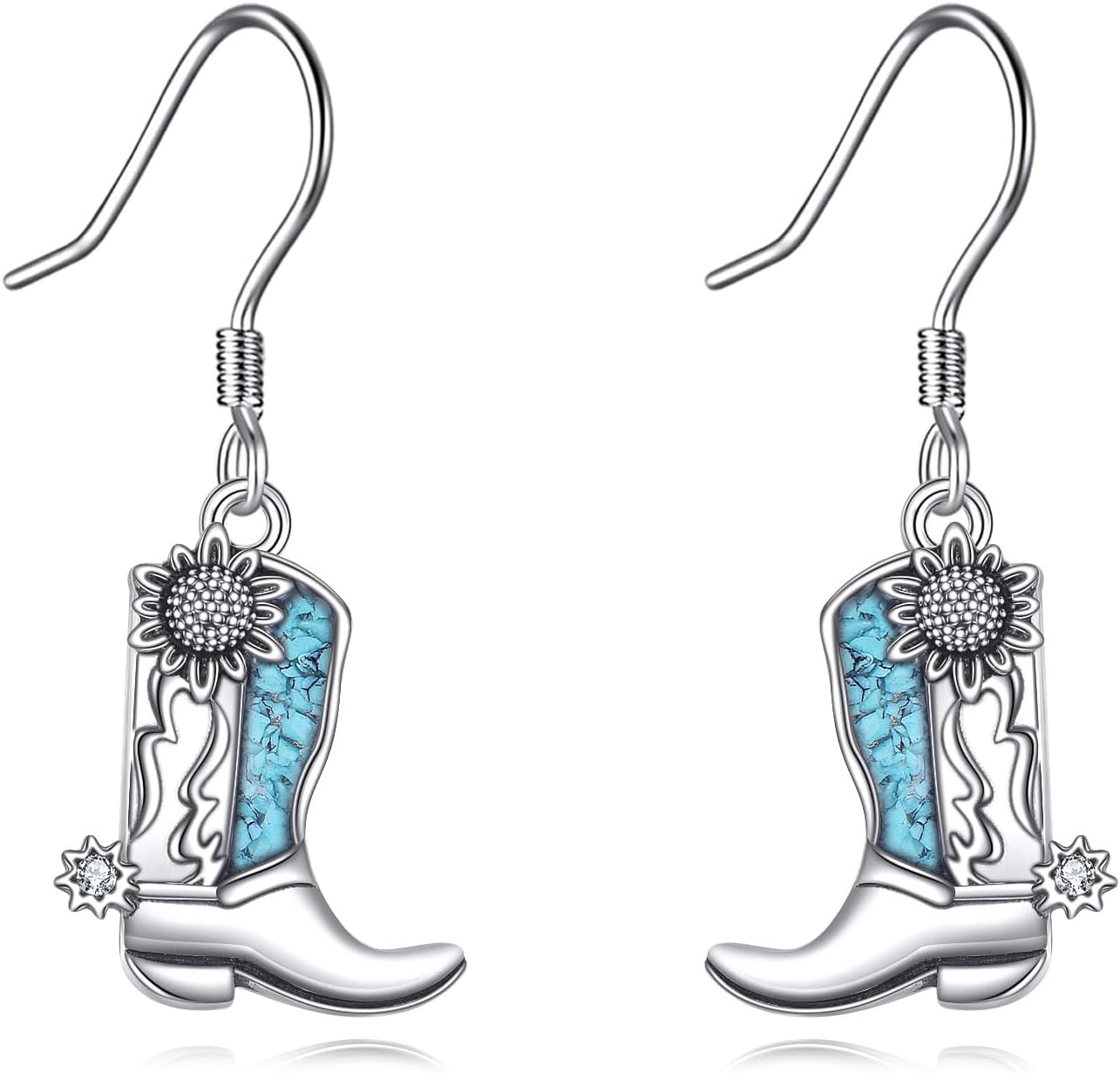 Western Cowgirl Boot Earrings - S925 Sterling Silver Turquoise Cowboy Dangle Drop Earrings, Texas Spur Country Western Jewelry Gifts for Women