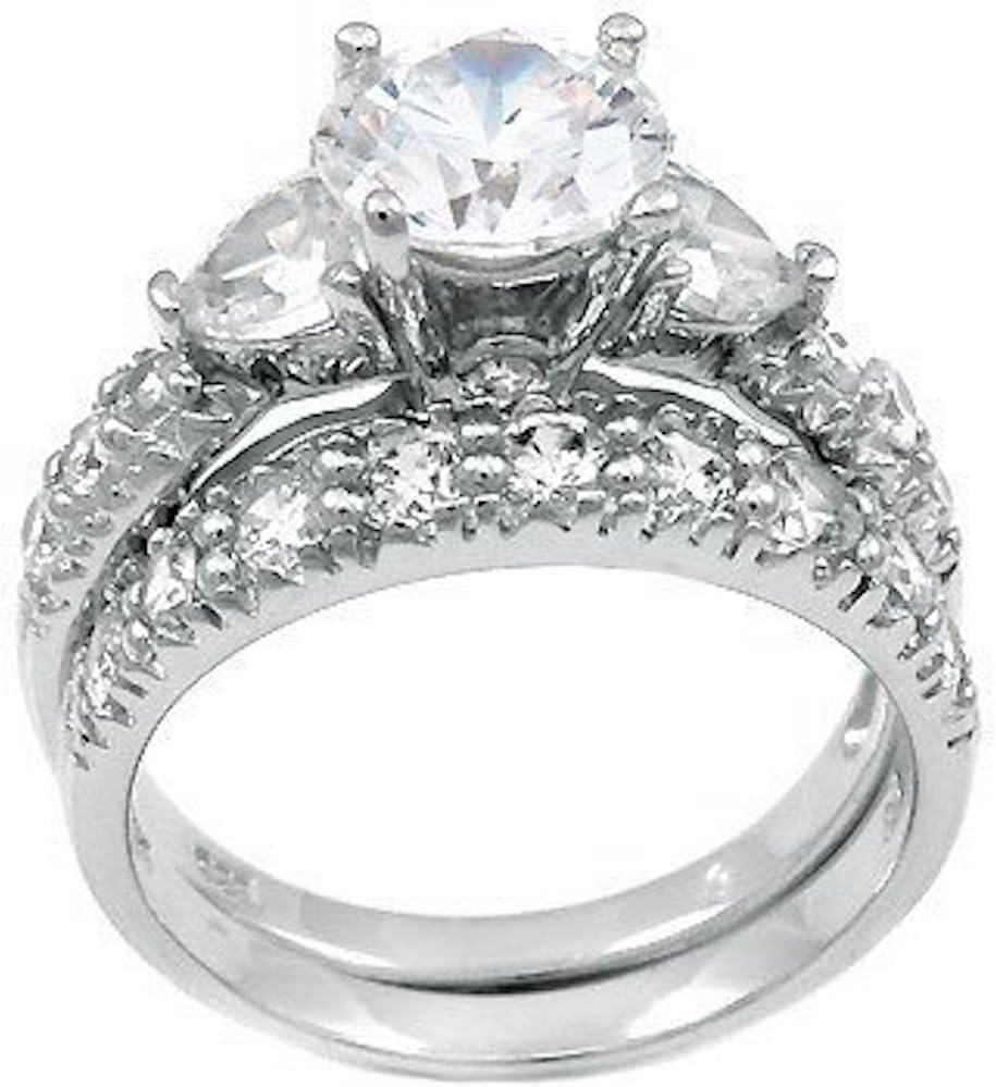 Kingsway Jewelry Sterling Silver 2 pc Heart Stone Engagement Wedding Rings Set Cubic Zirconium