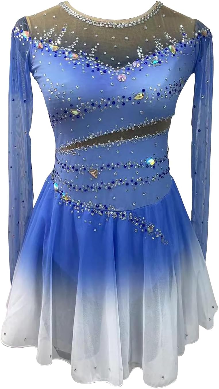 Figure Skating Dress,Girls Gound Neck Gauze Blending Hook Diamond Gradient Skating Performance Competition Wear Costume