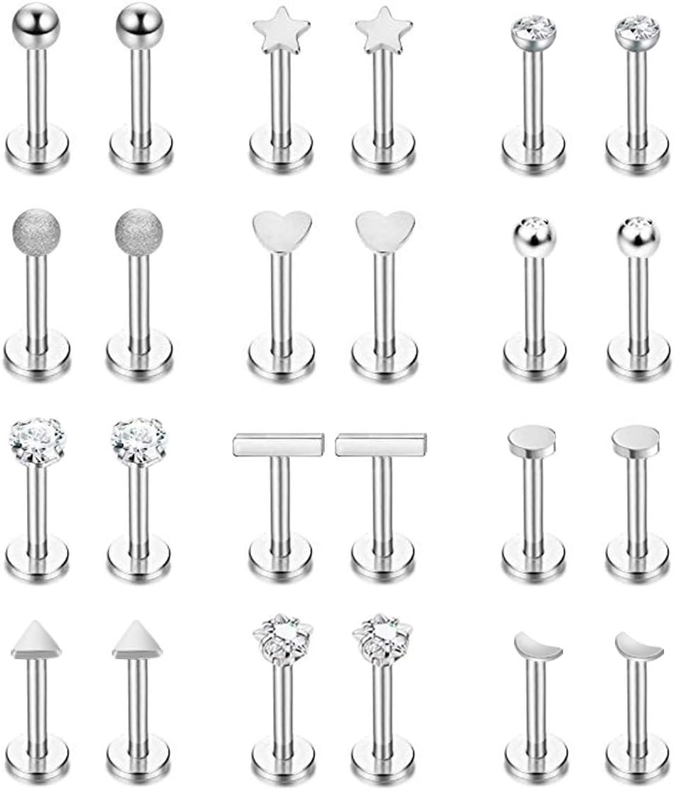 Masedy24Pcs 16G 316L Stainless Steel Labret Monroe Lip Ring Studs CZ Cartilage Helix Tragus Piercing Studs