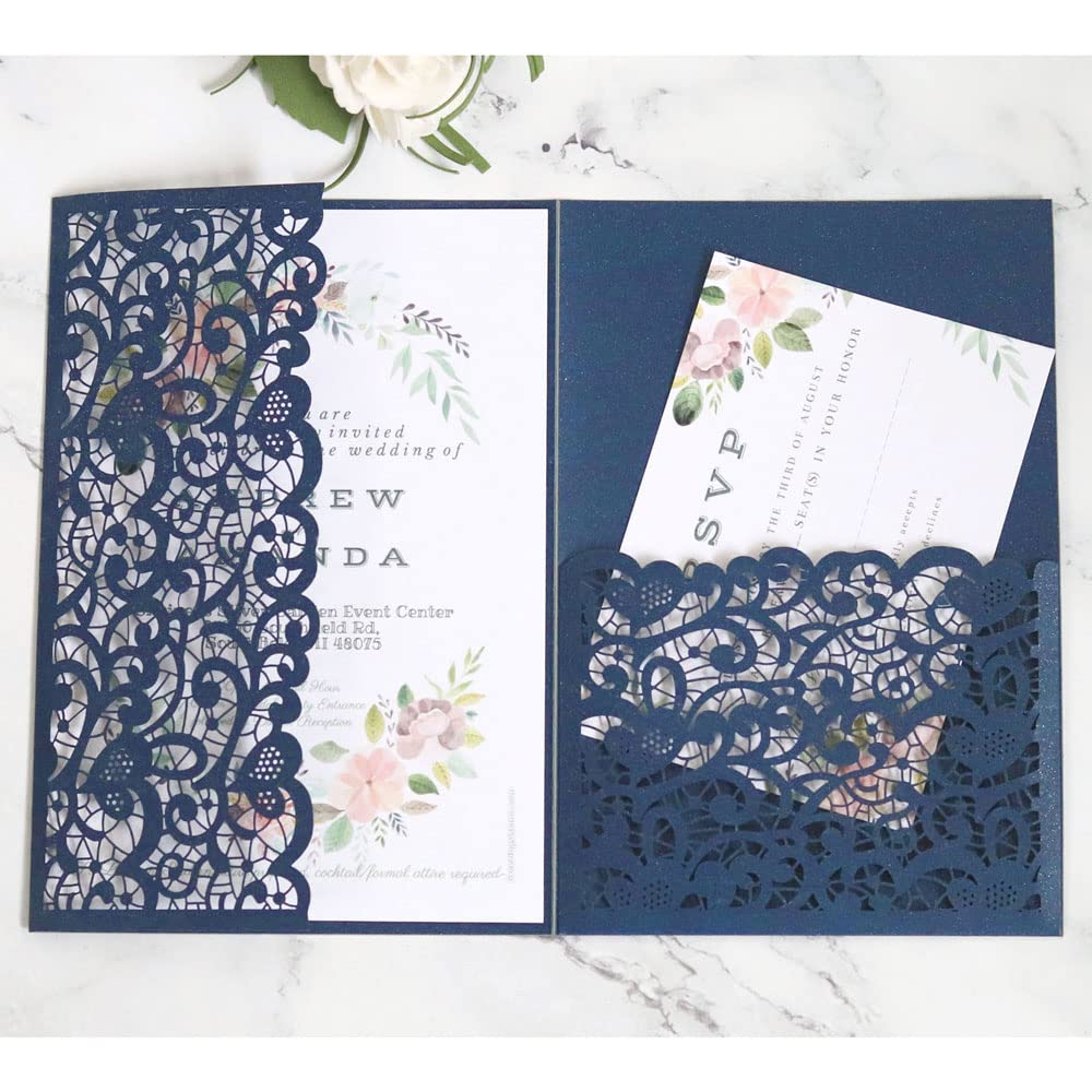 Invitation mariage découpe laser chic bleu marine de luxe avec enveloppes assorties