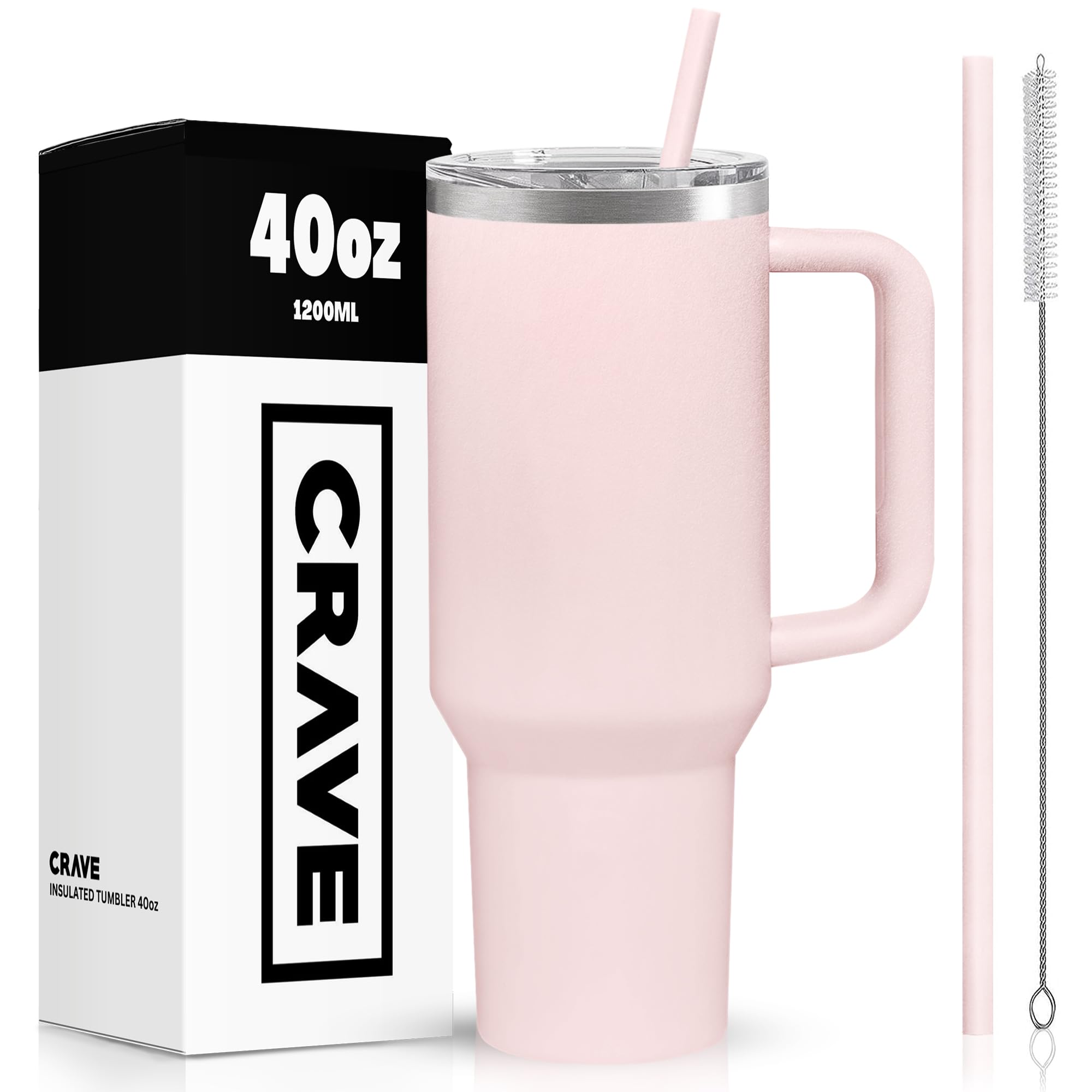 40oz Tumbler With Handle And Straw l Insulated Stainless Steel Double Wall Spill Proof Water Bottle Travel Mug l Cupholder Friendly Vacuum Sealed Tumblers With Lid (Rose Quartz)