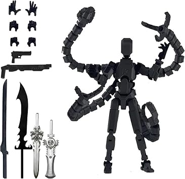 Action Figure - 3D Printed Poseable Model With Multi Jointed Body, Assembled Desktop Display Toy With Pose Accessories For Stop Motion, Photography And Drawing Reference, Black