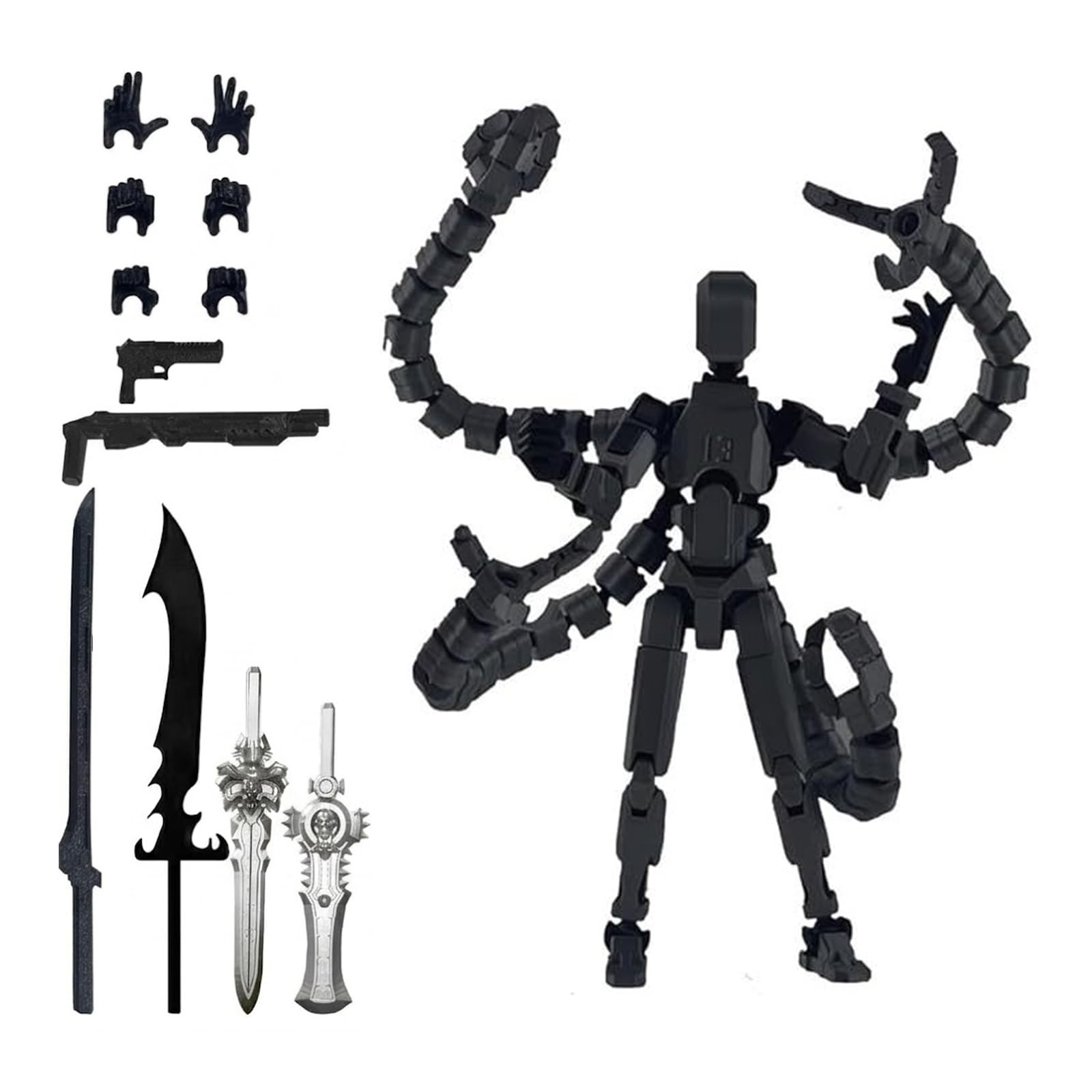 JiaQuenWex T13 Action Figure - 3D Printed Fully Assembled Titan 13 & Dummy 13, Multi-Jointed Stop Motion Figures, Interchangeable Weapons, Desktop Decor (Black)